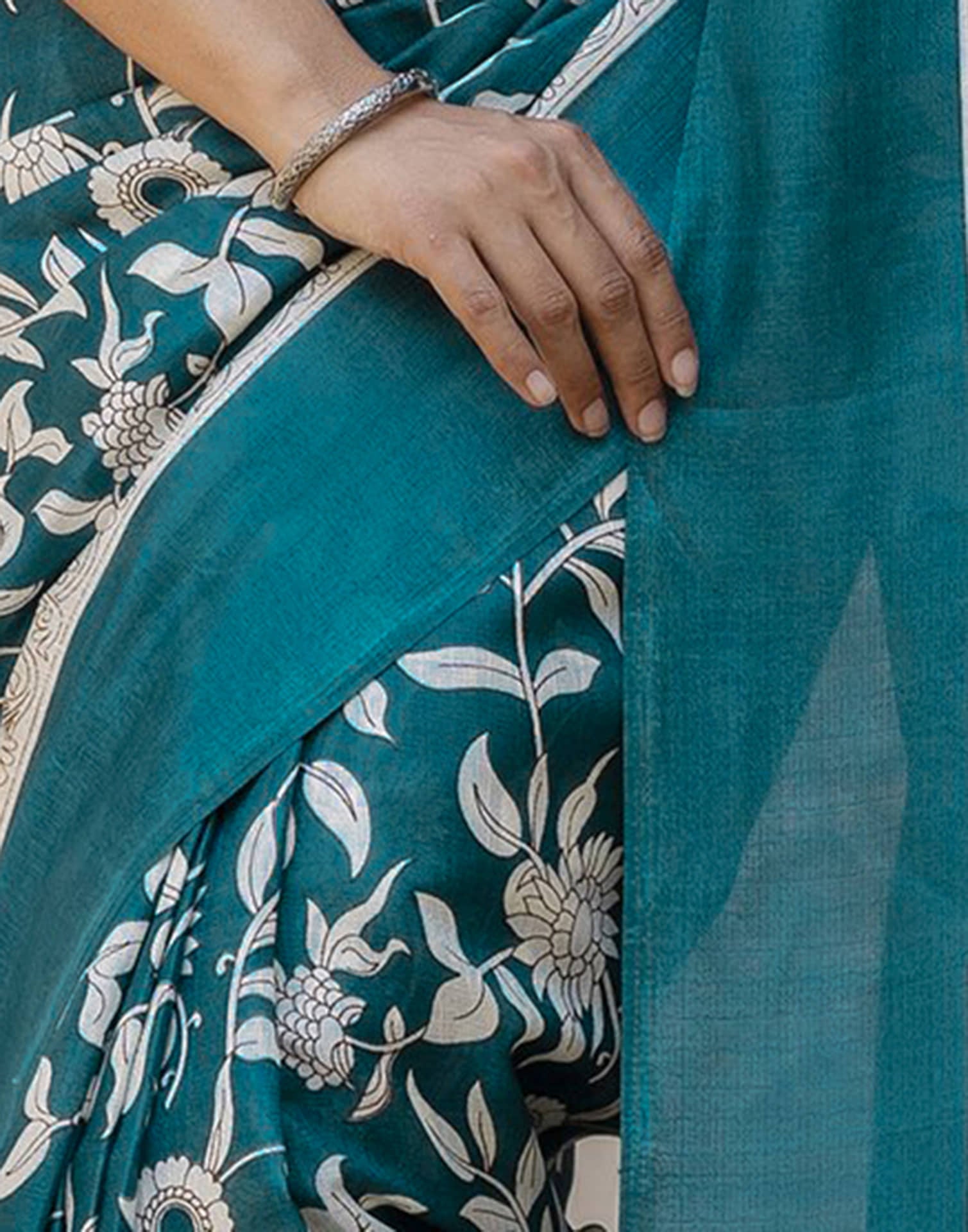 Teal Blue Cotton Blend Floral printed Saree