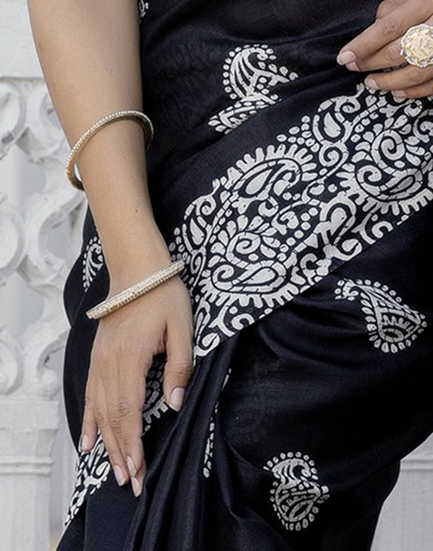Black Cotton Blend Printed Saree