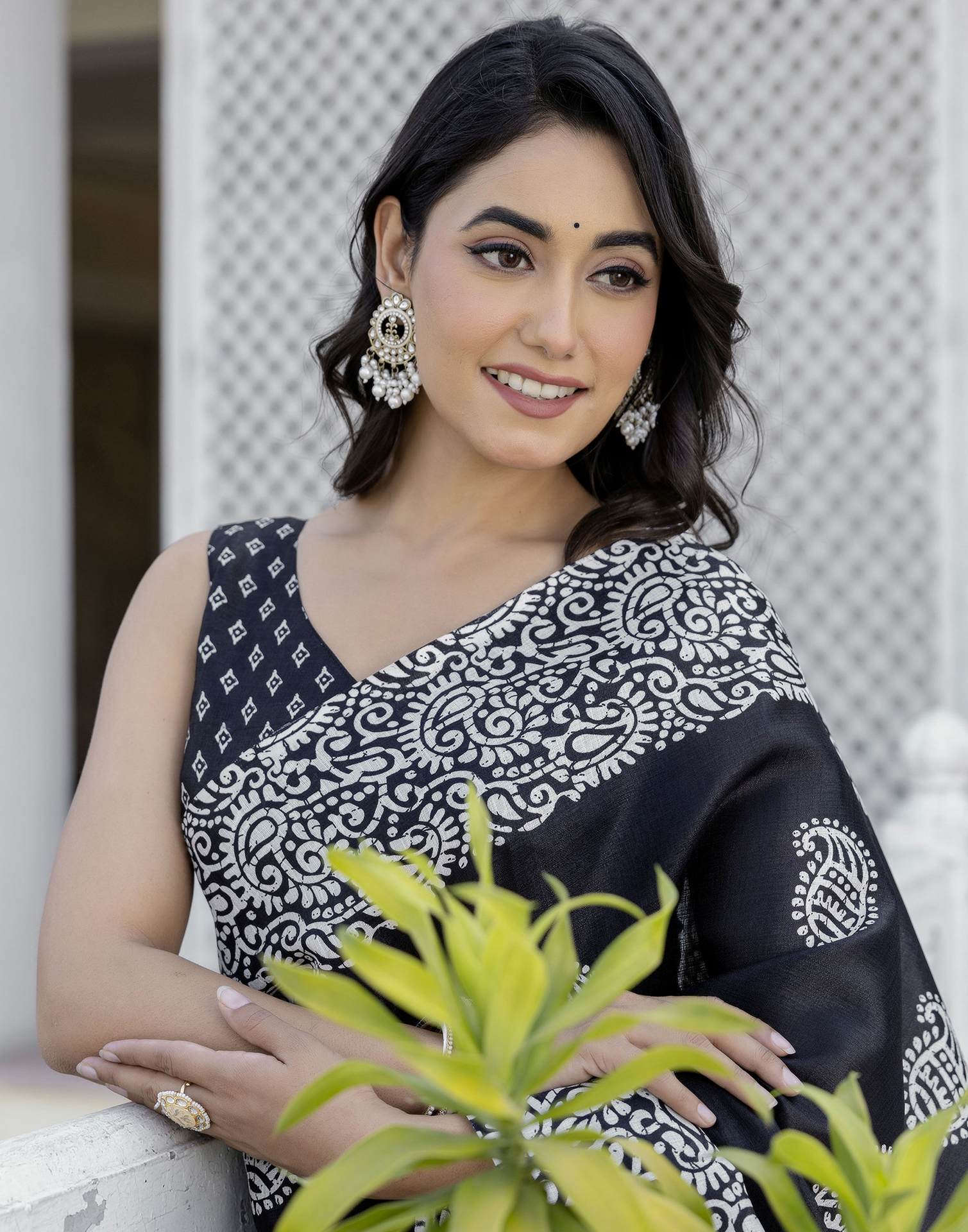 Black Cotton Blend Printed Saree