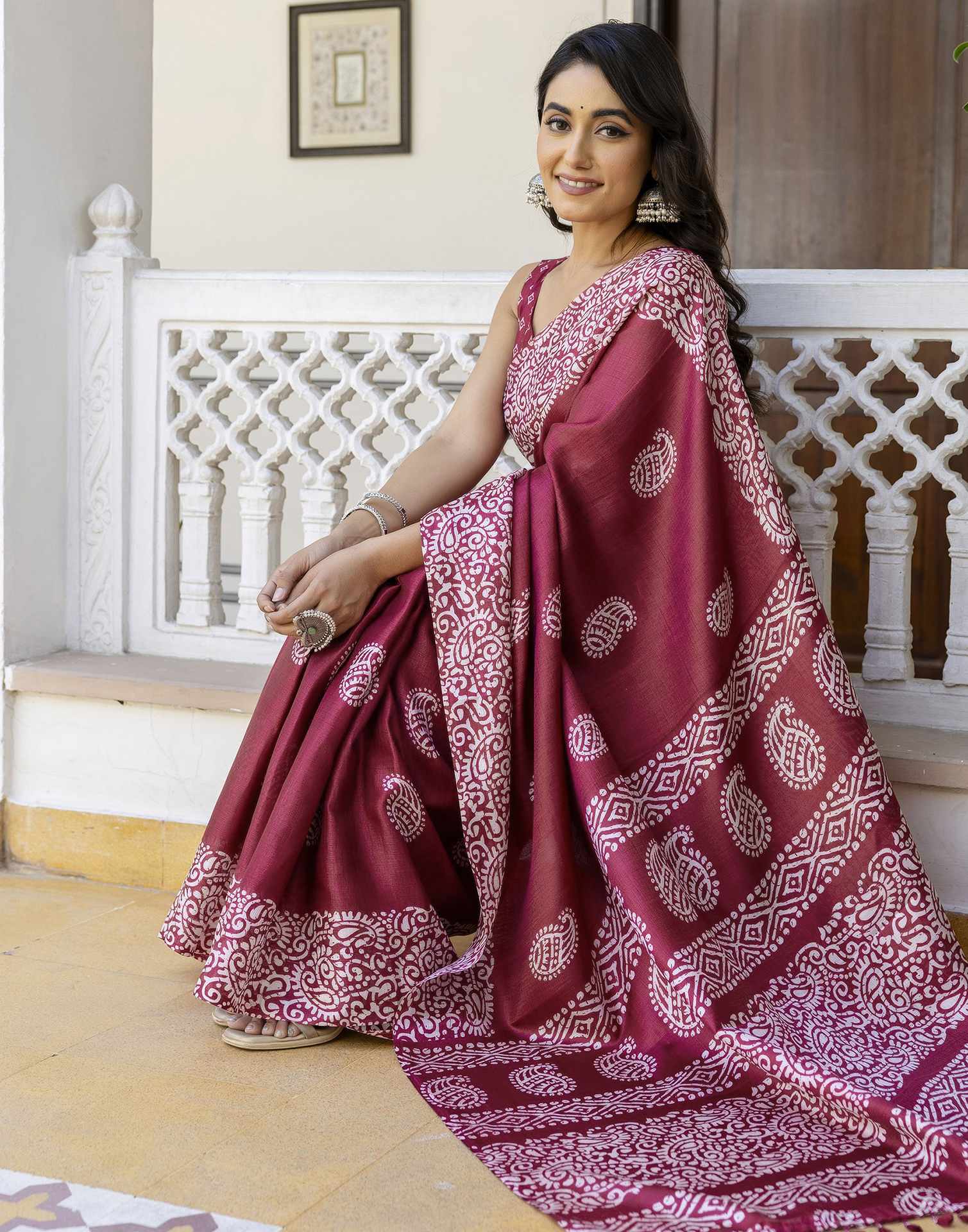 Maroon Cotton Blend Printed Saree