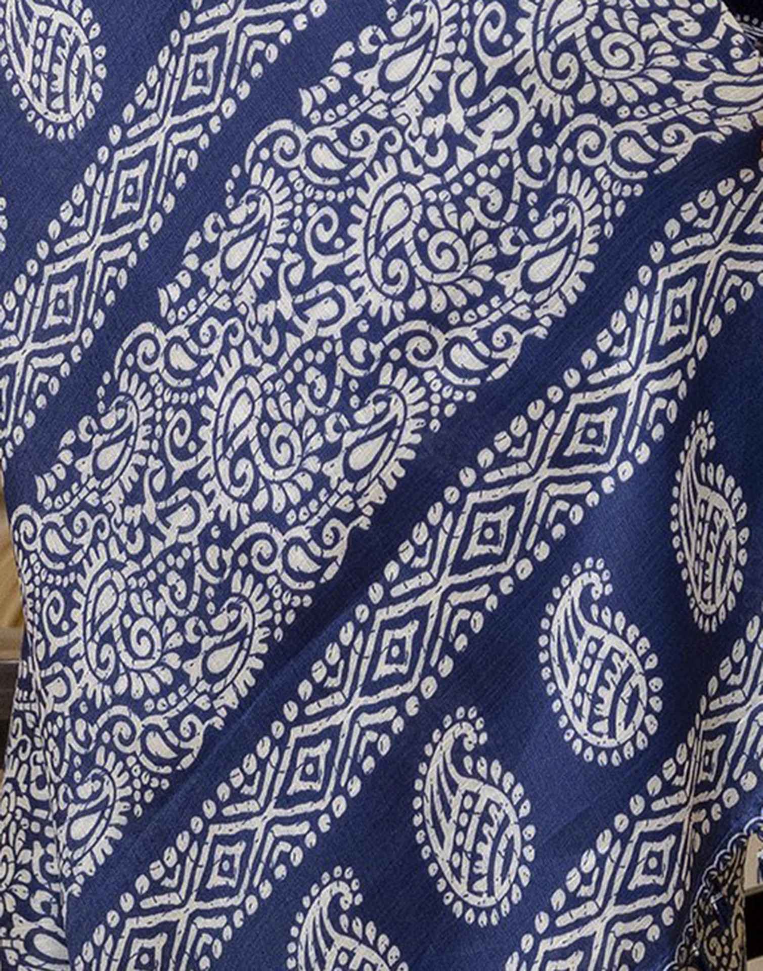 Dark Blue Cotton Blend Printed Saree