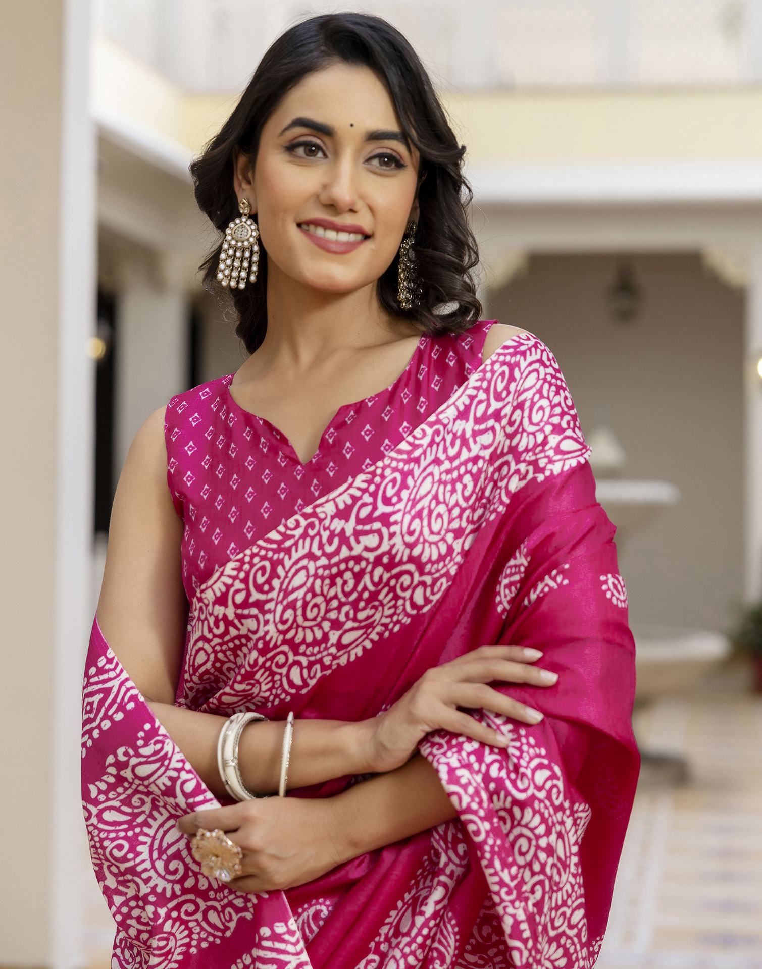 Rani Pink Cotton Blend Printed Saree