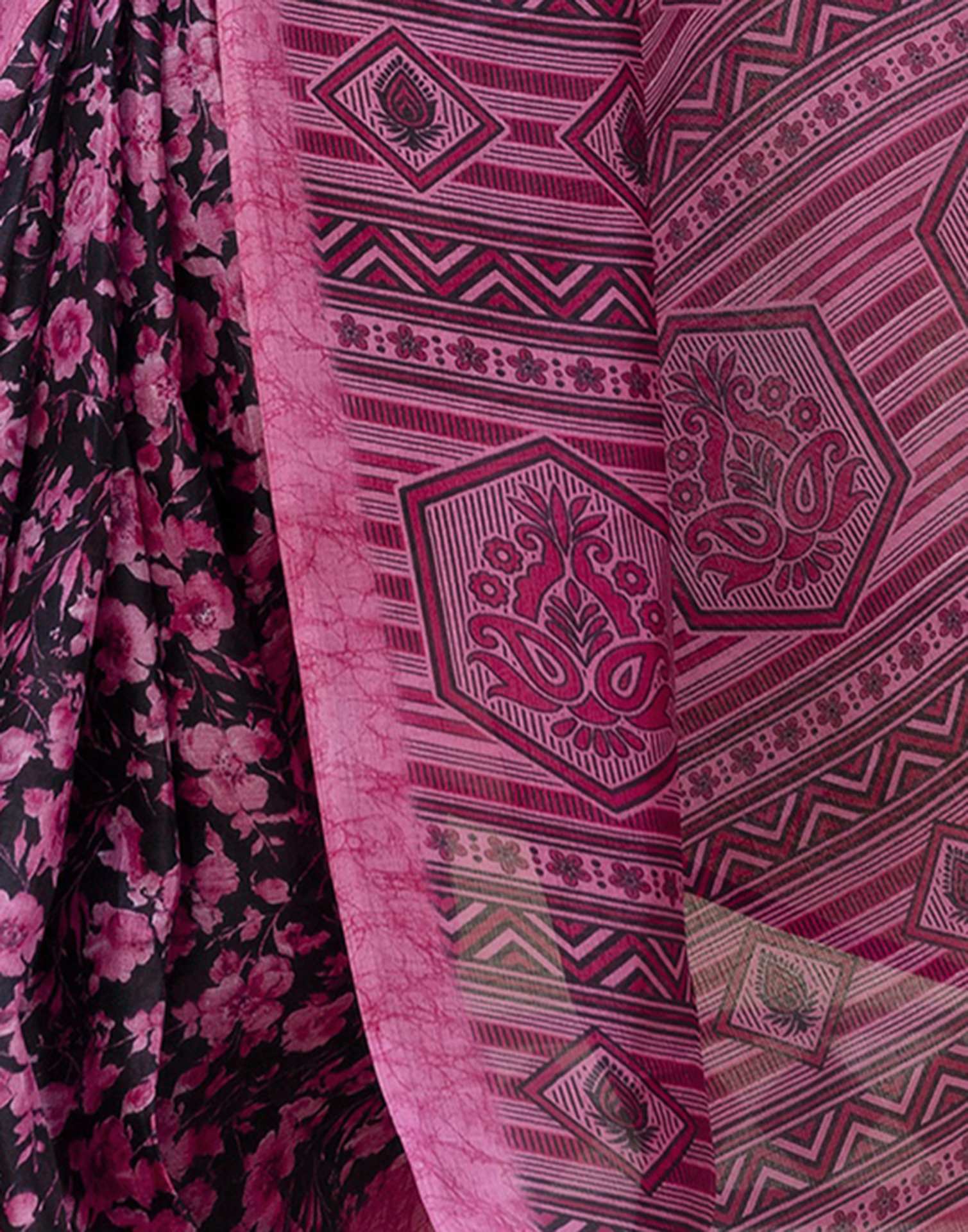 Pink Cotton Blend Floral Printed Saree