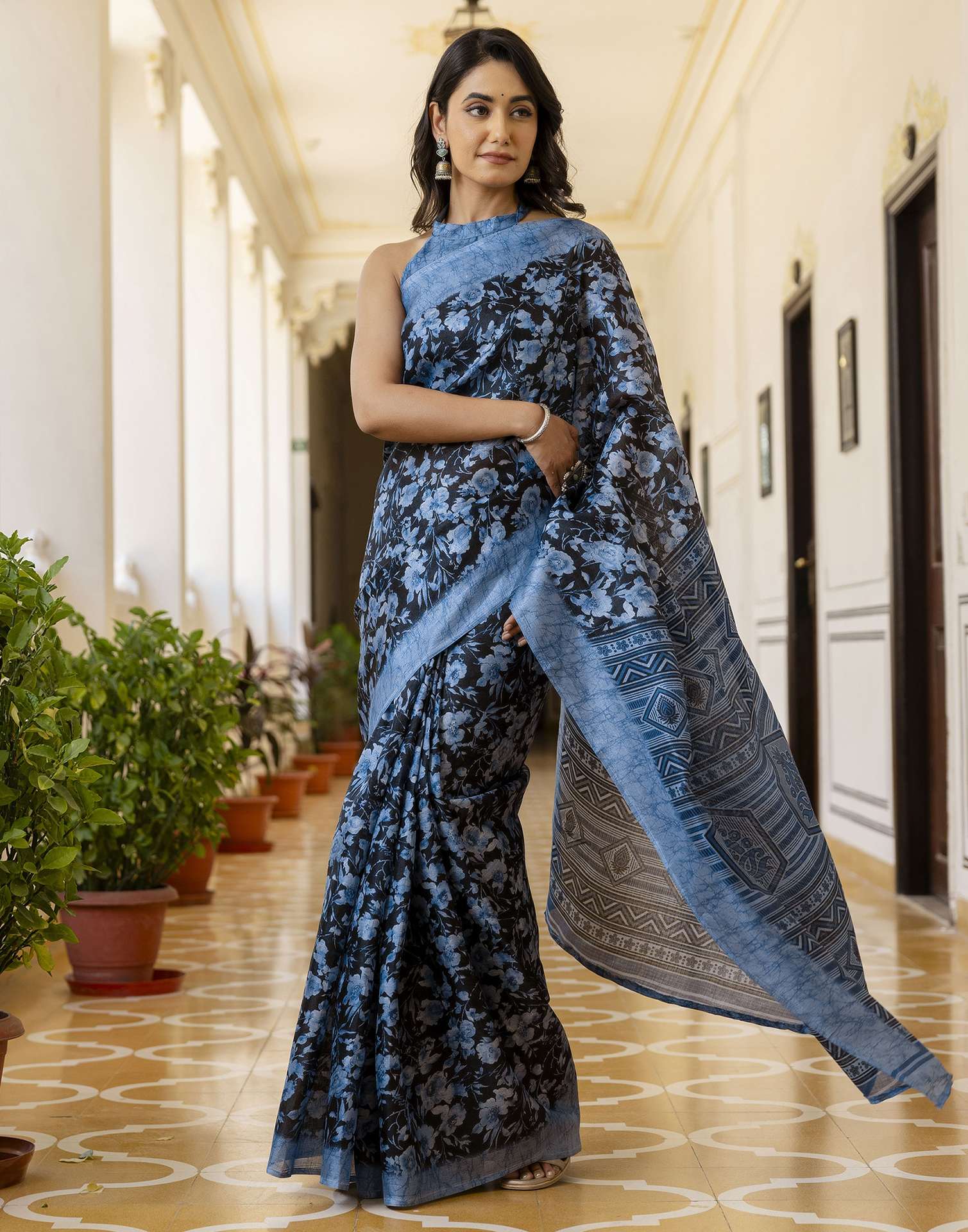 Blue Cotton Blend Floral Printed Saree