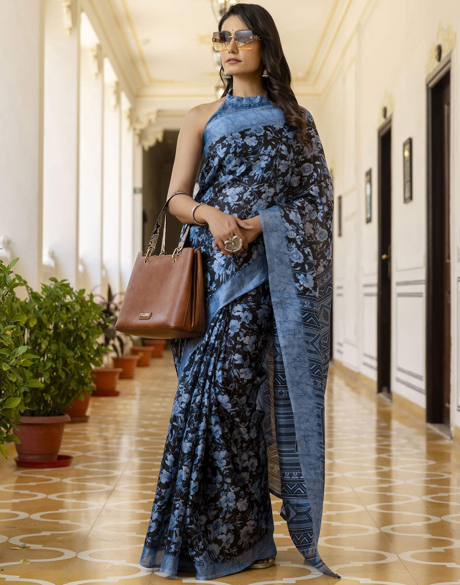 Blue Cotton Blend Floral Printed Saree