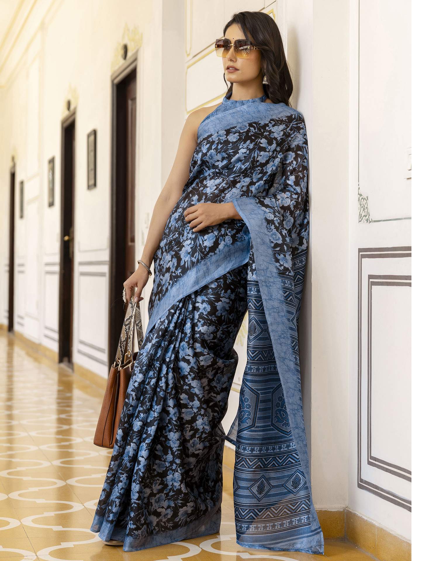 Blue Cotton Blend Floral Printed Saree