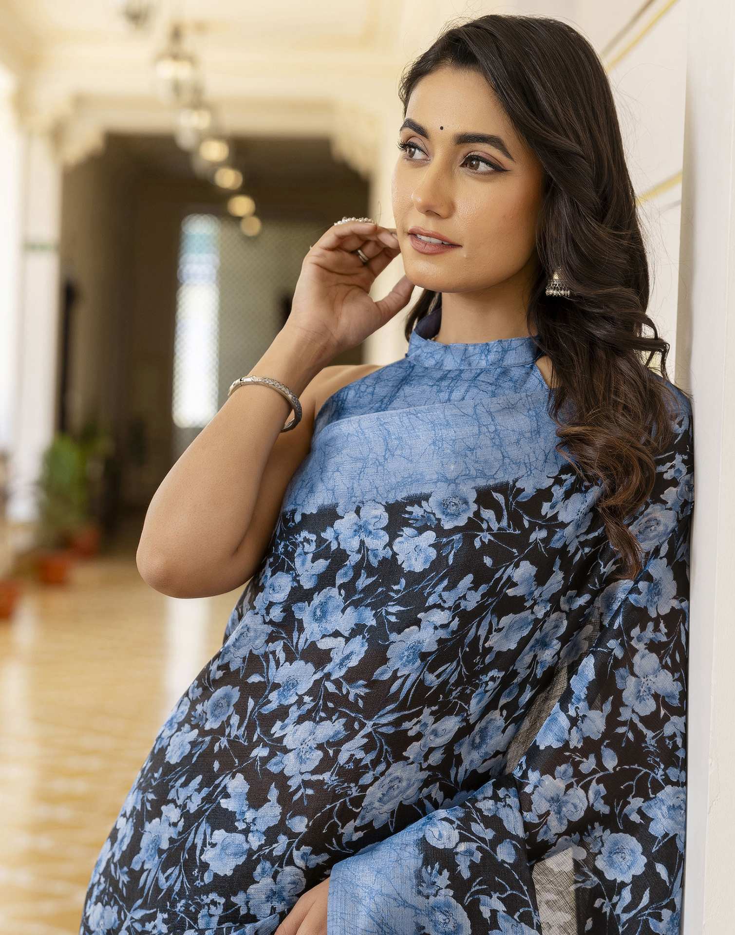 Blue Cotton Blend Floral Printed Saree