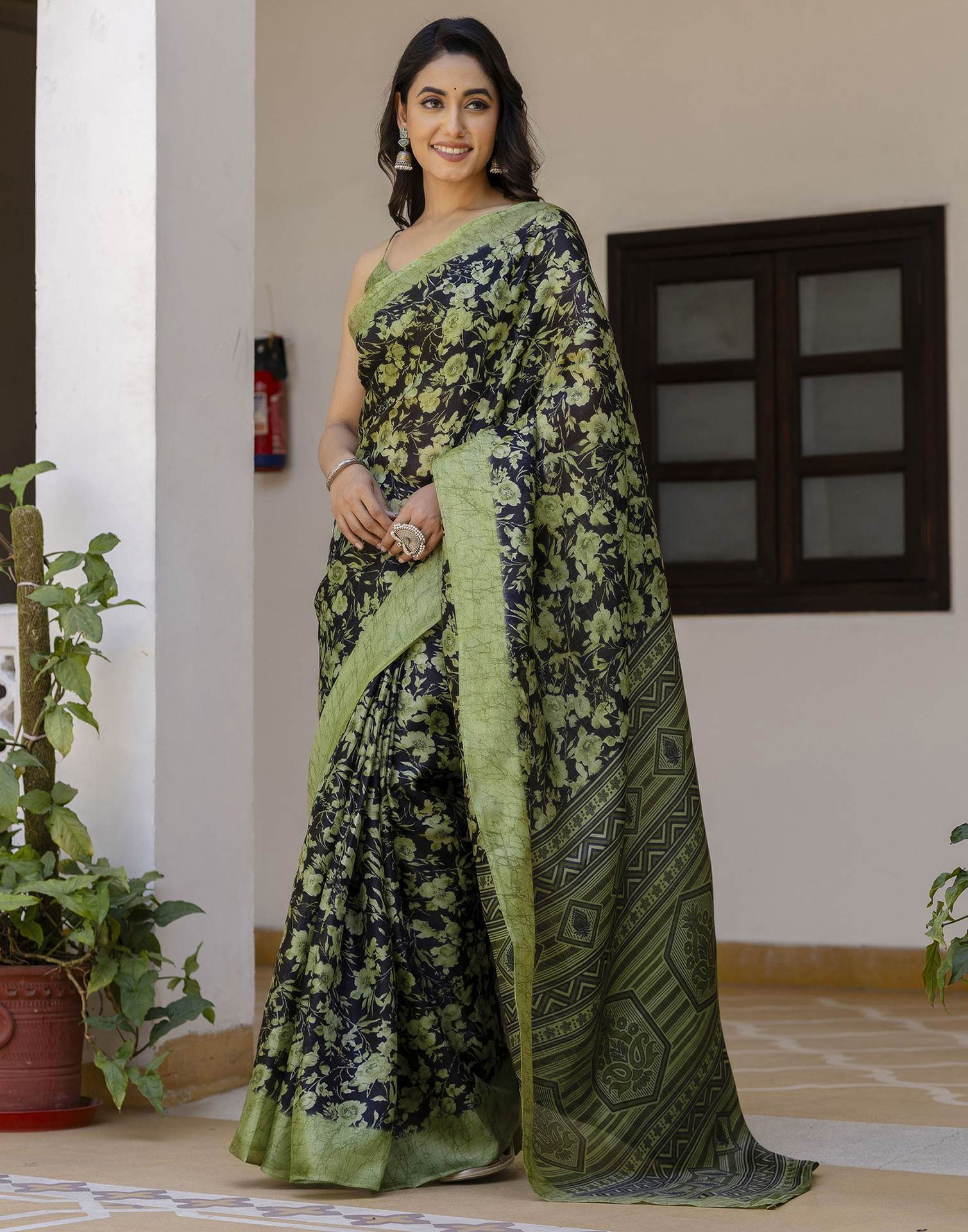 Olive Green Cotton Blend Floral Printed Saree