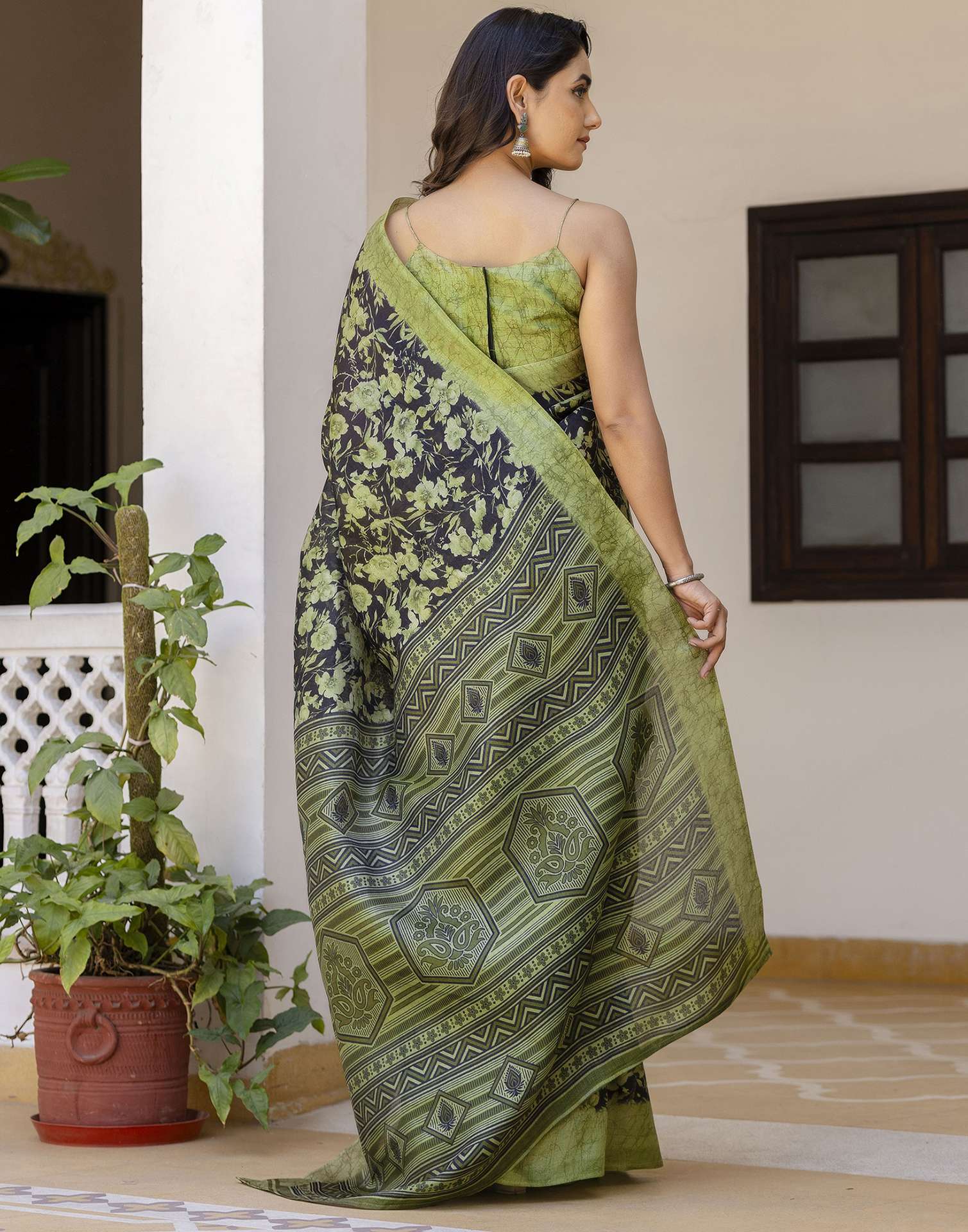 Olive Green Cotton Blend Floral Printed Saree