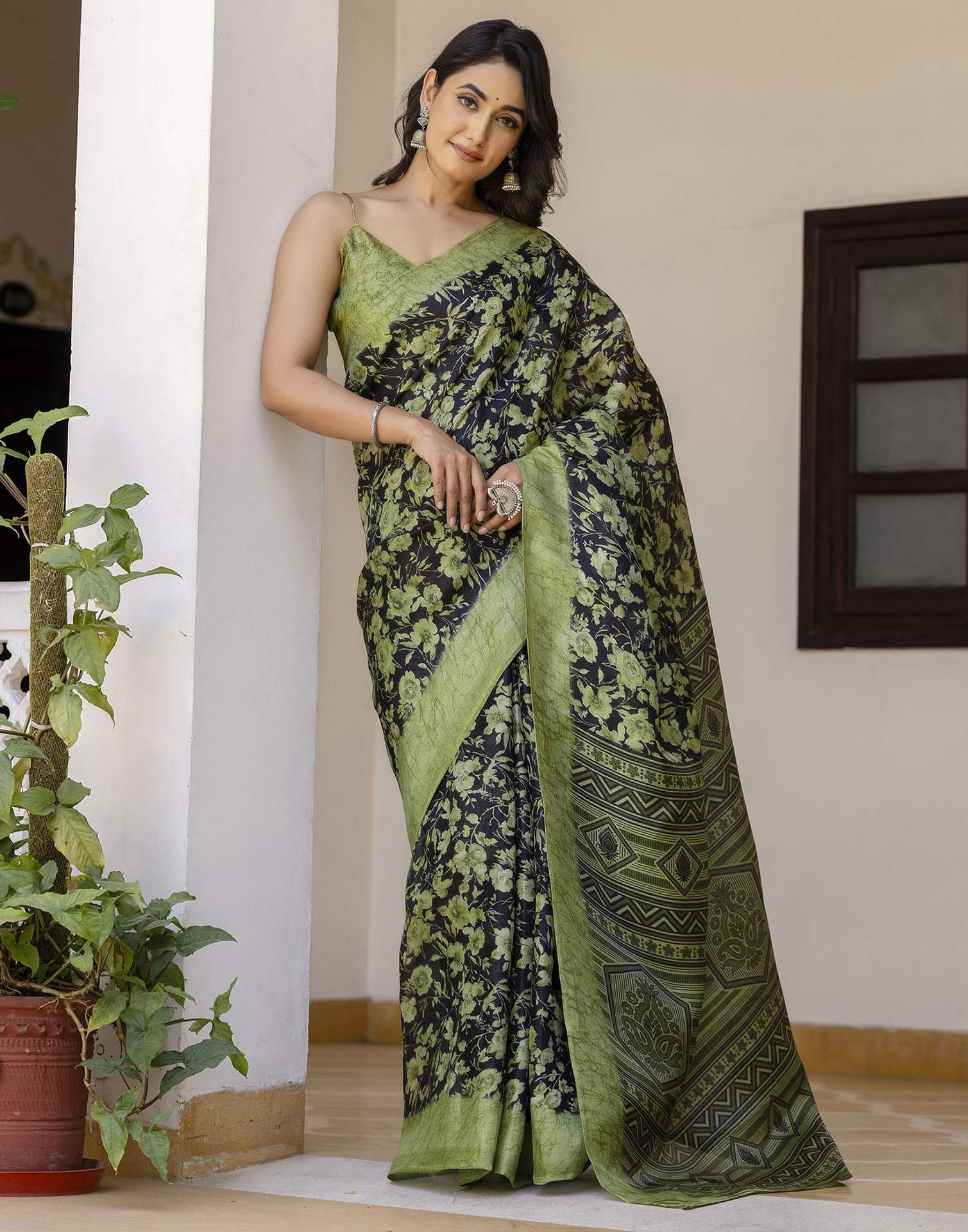 Olive Green Cotton Blend Floral Printed Saree