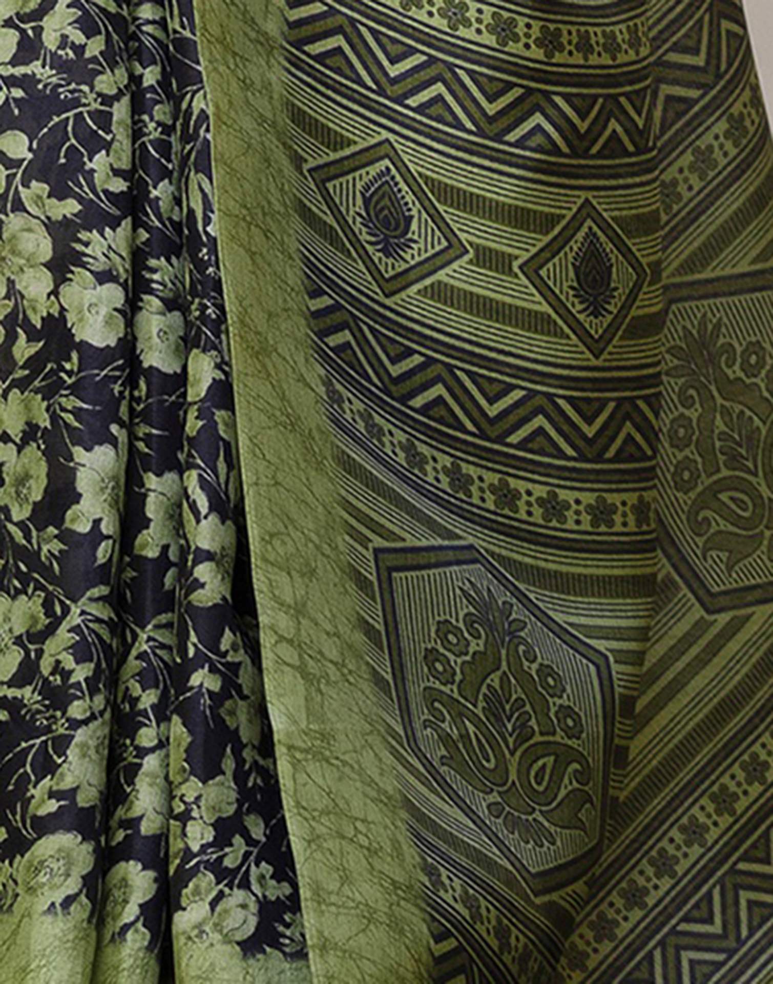 Olive Green Cotton Blend Floral Printed Saree