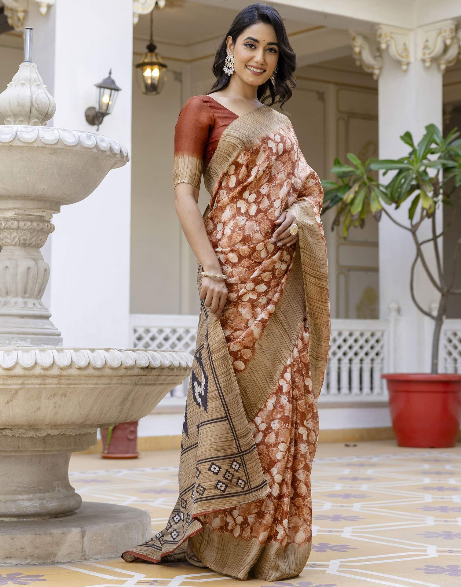 Brown Cotton Blend Printed Saree