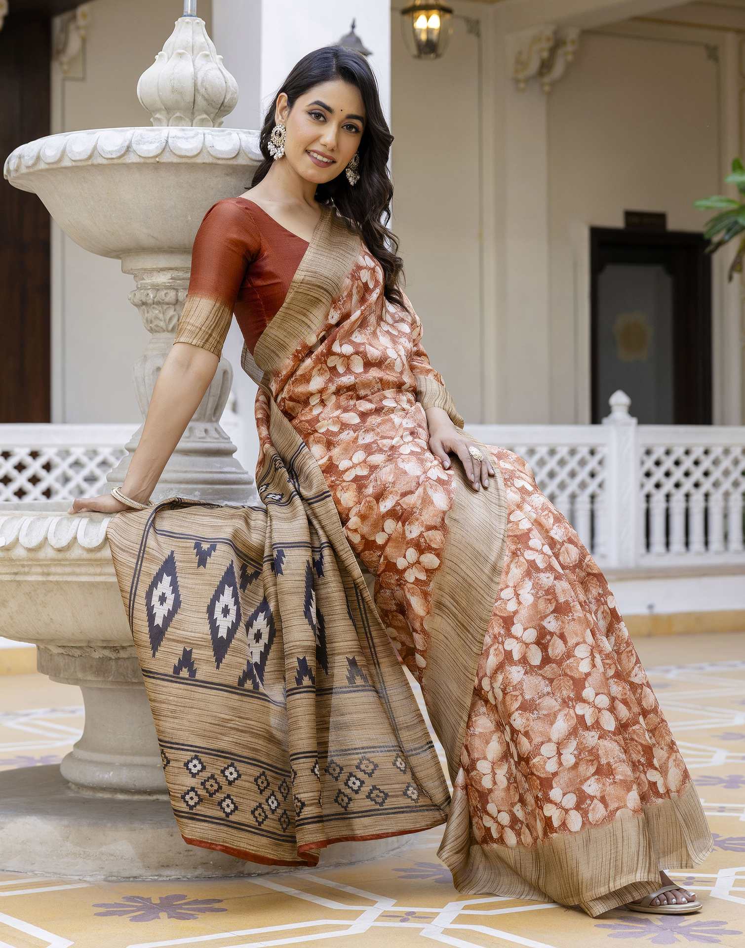 Brown Cotton Blend Printed Saree