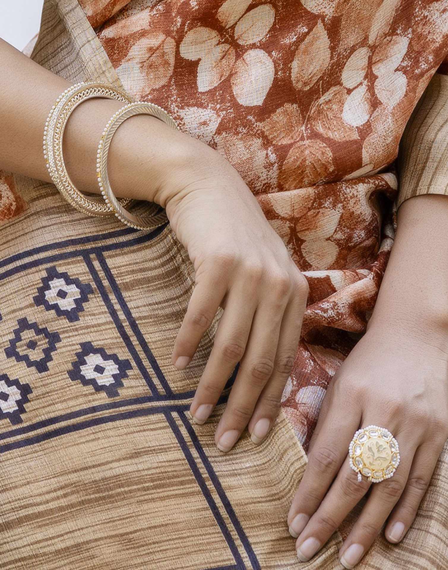 Brown Cotton Blend Printed Saree