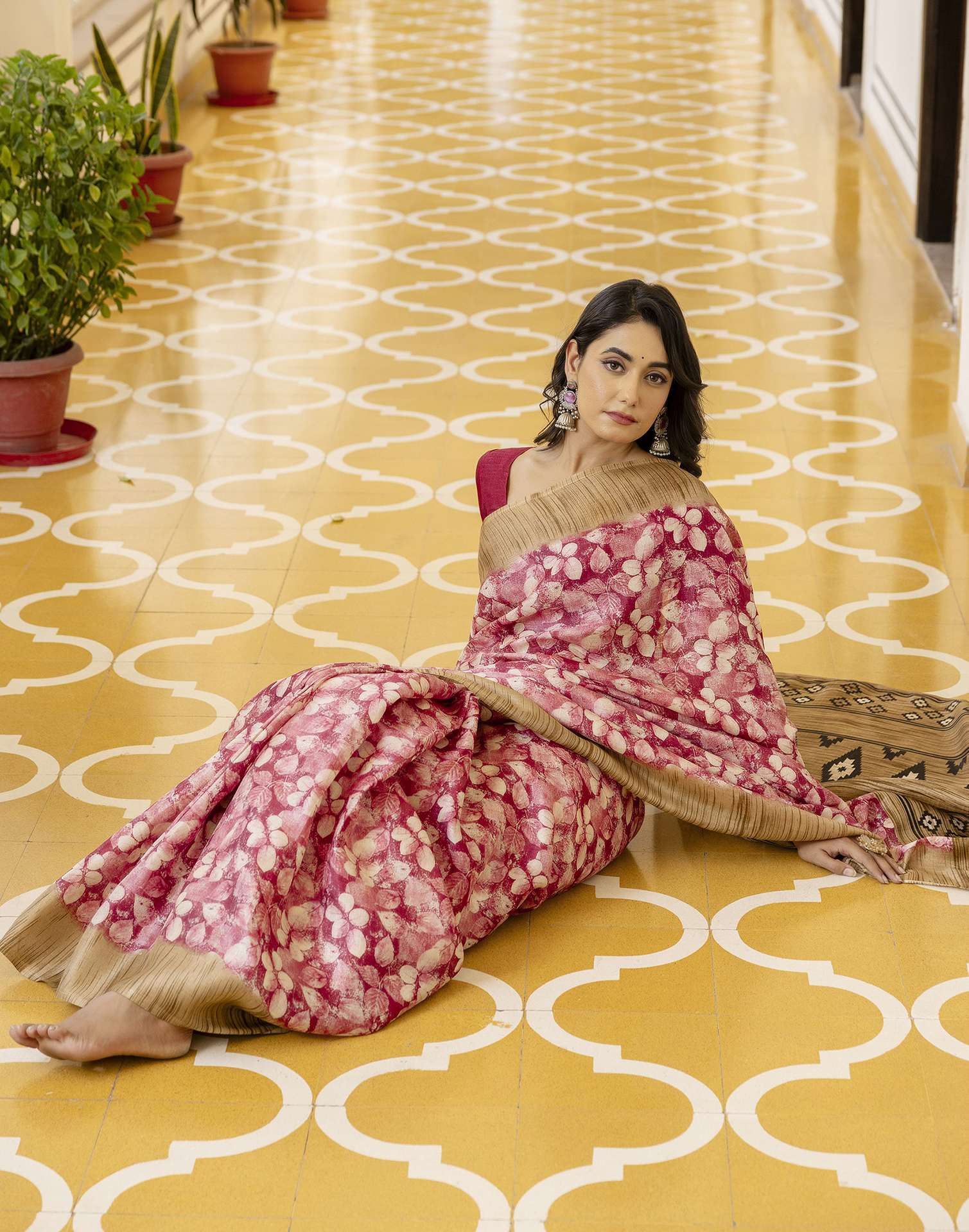 Pink Cotton Blend Printed Saree