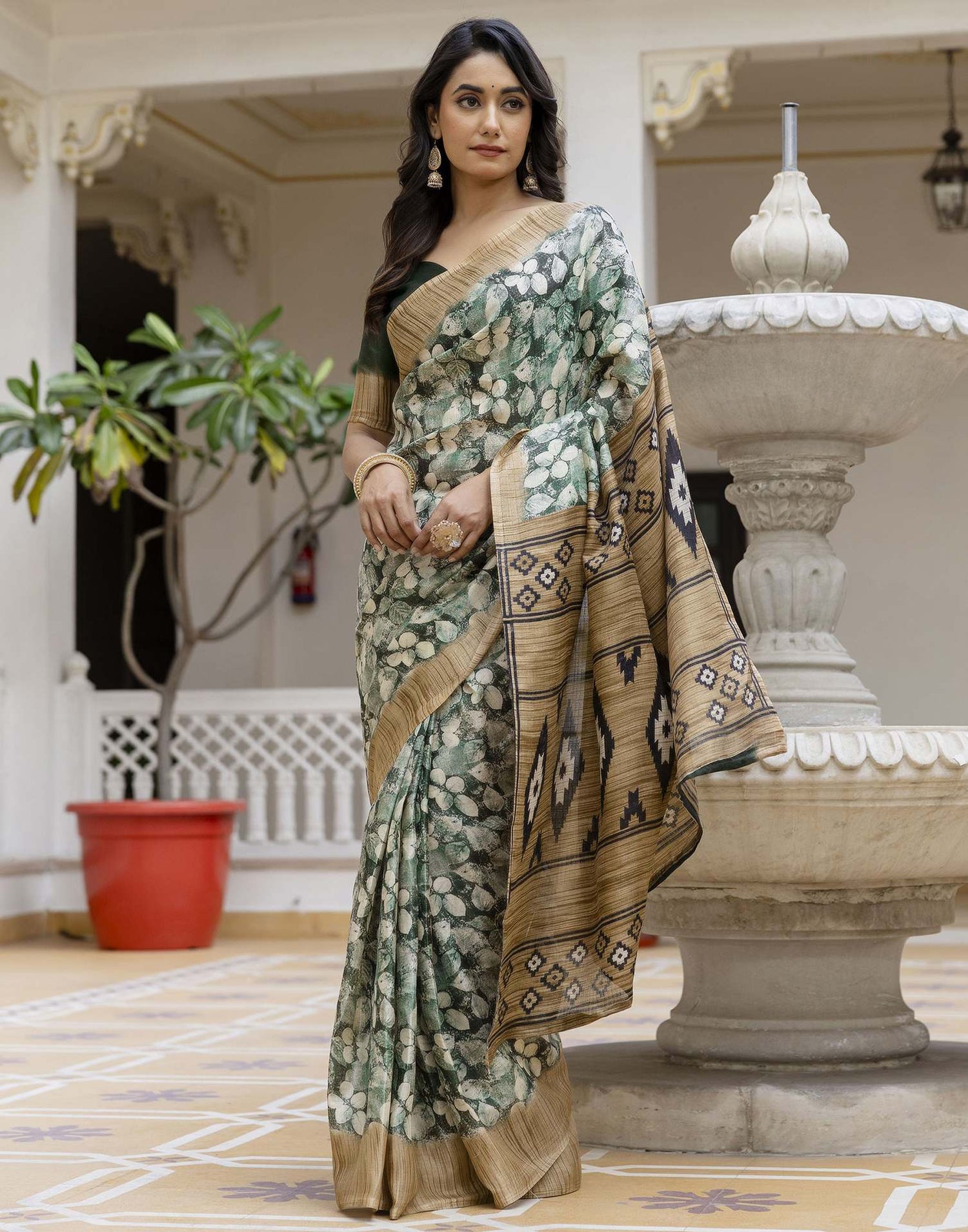 Dark Green Cotton Blend Printed Saree