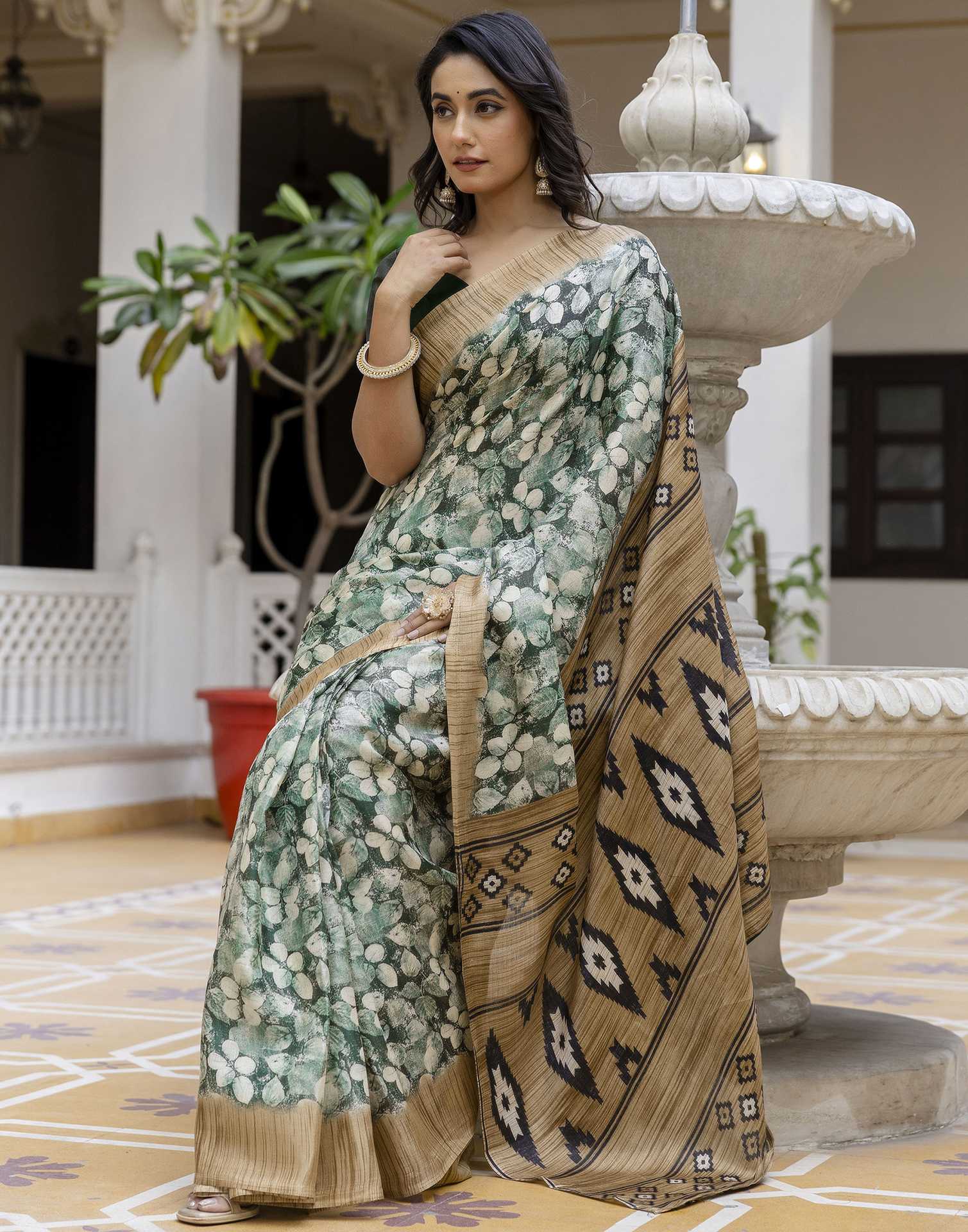 Dark Green Cotton Blend Printed Saree