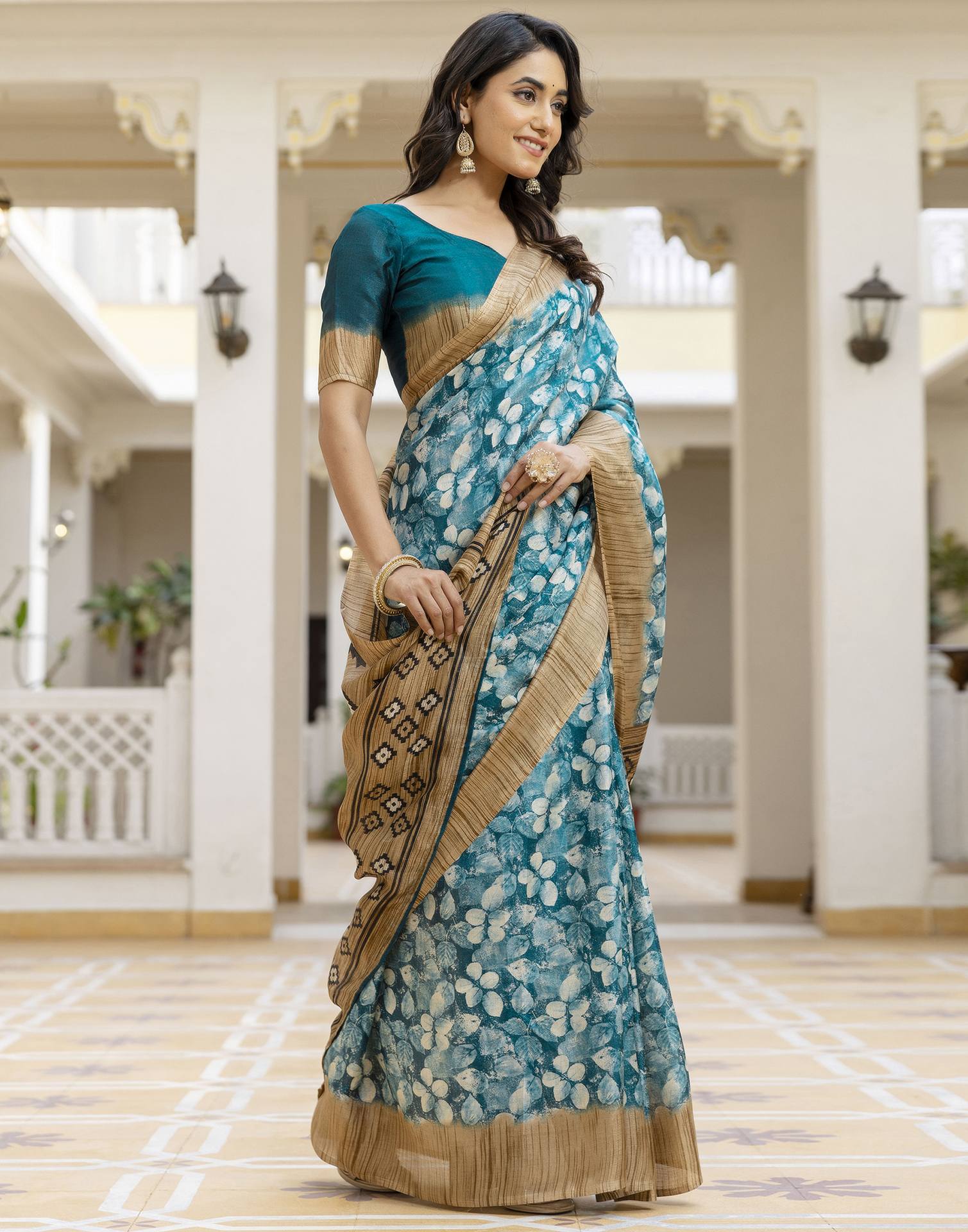 Teal Blue Cotton Blend Printed Saree