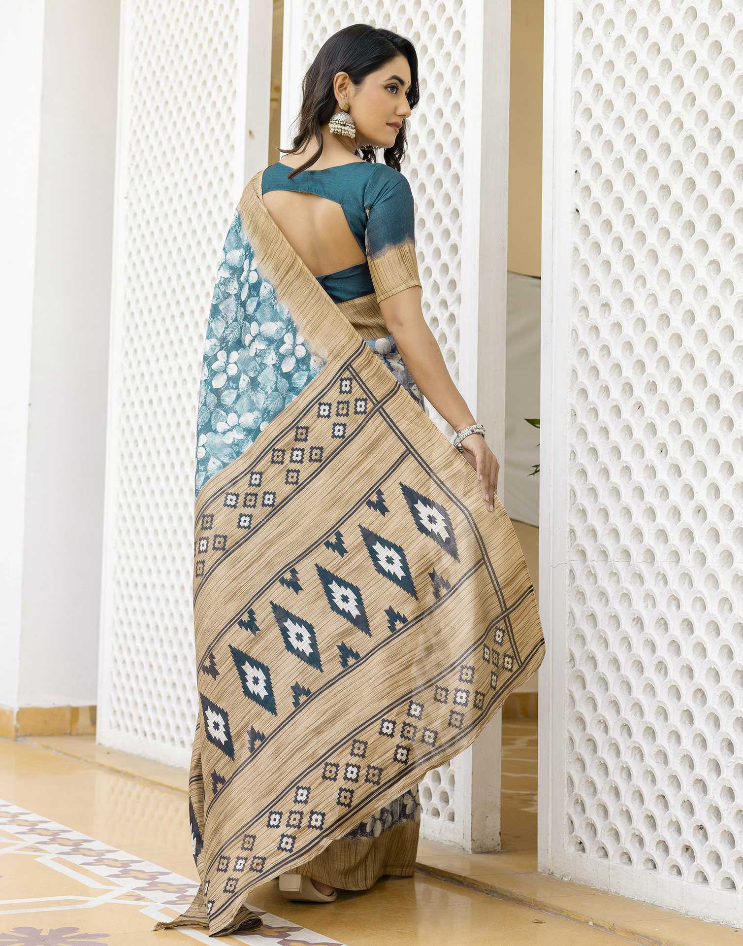 Teal Blue Cotton Blend Printed Saree