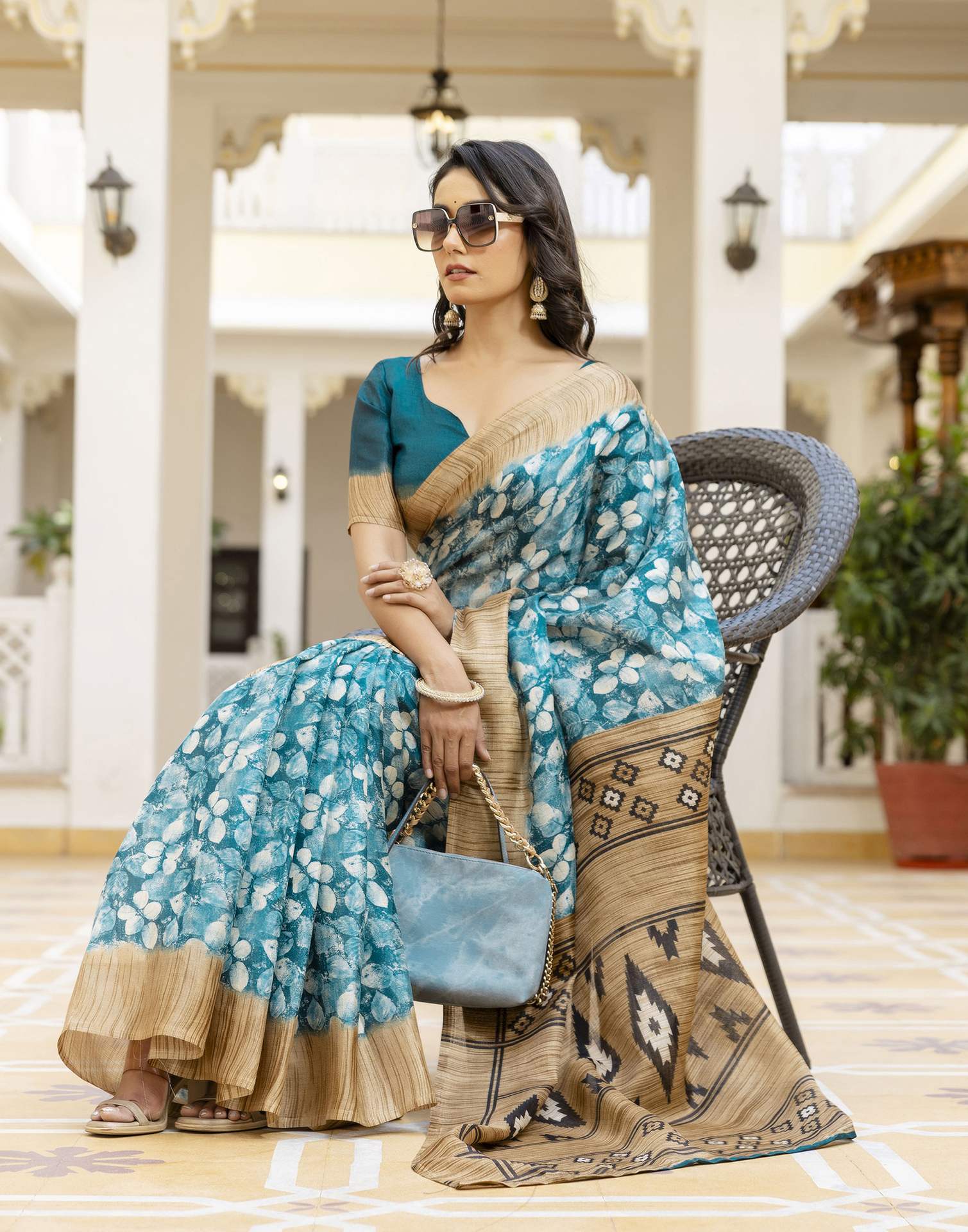 Teal Blue Cotton Blend Printed Saree