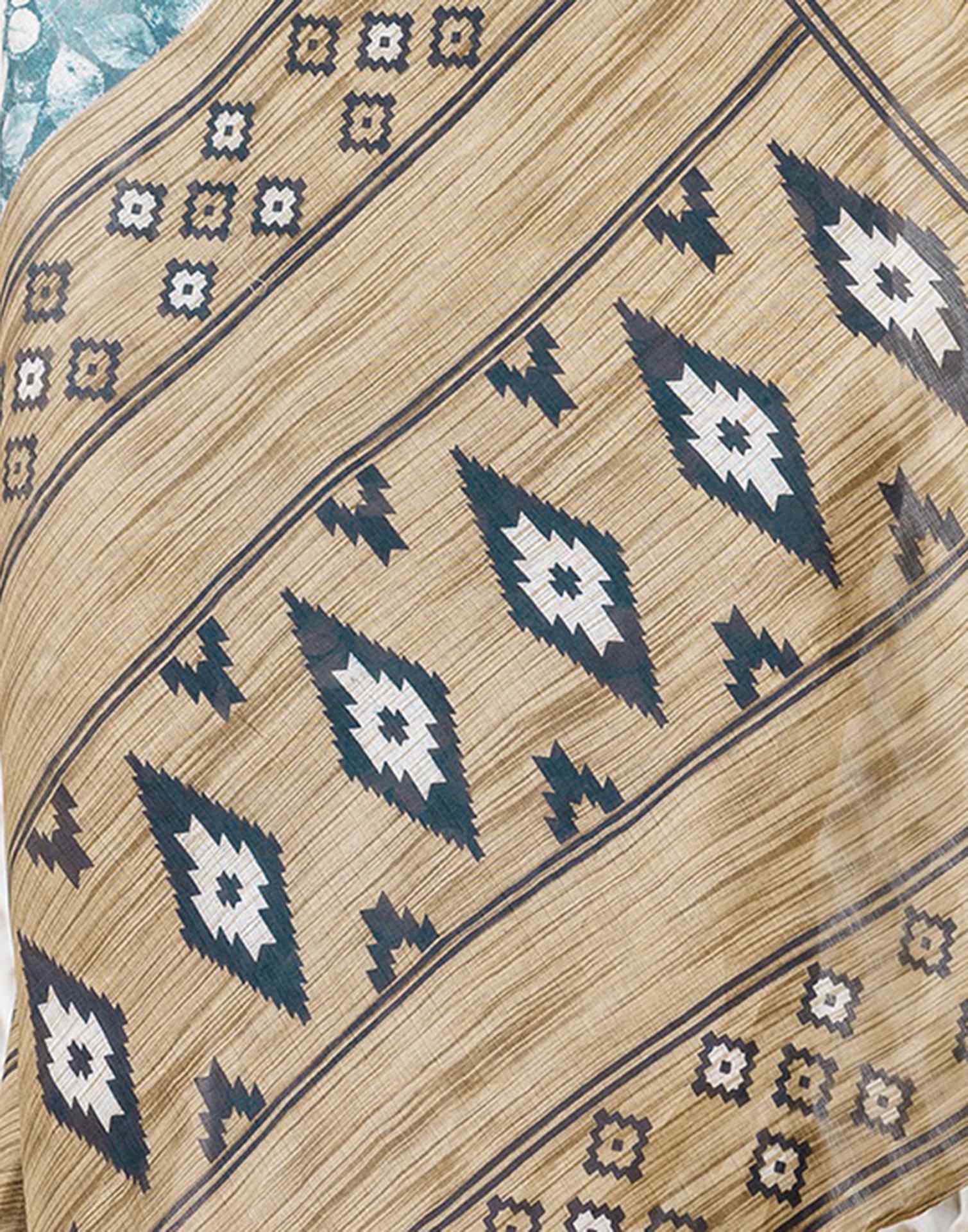 Teal Blue Cotton Blend Printed Saree