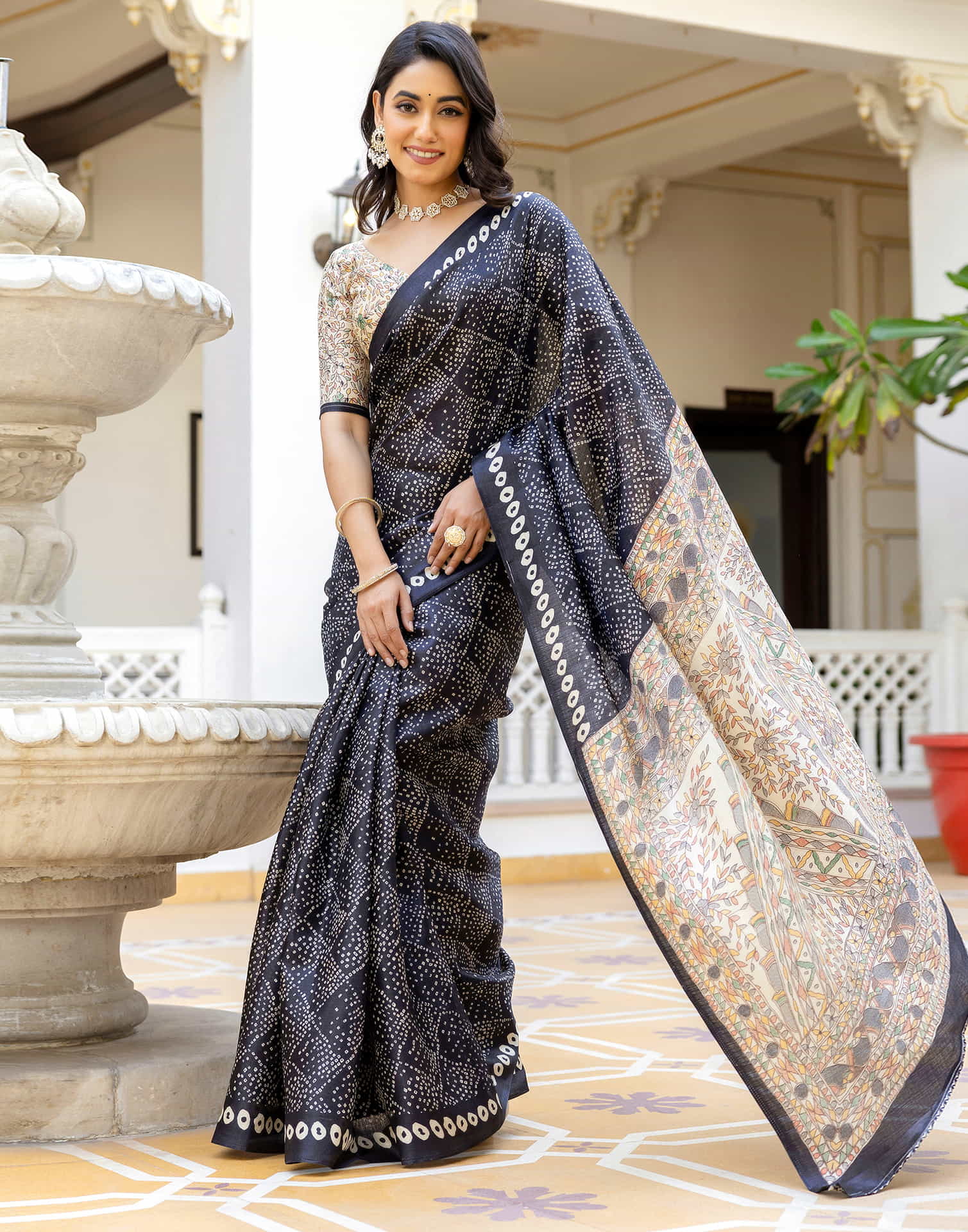 Black Cotton Blend Bandhani Printed Saree