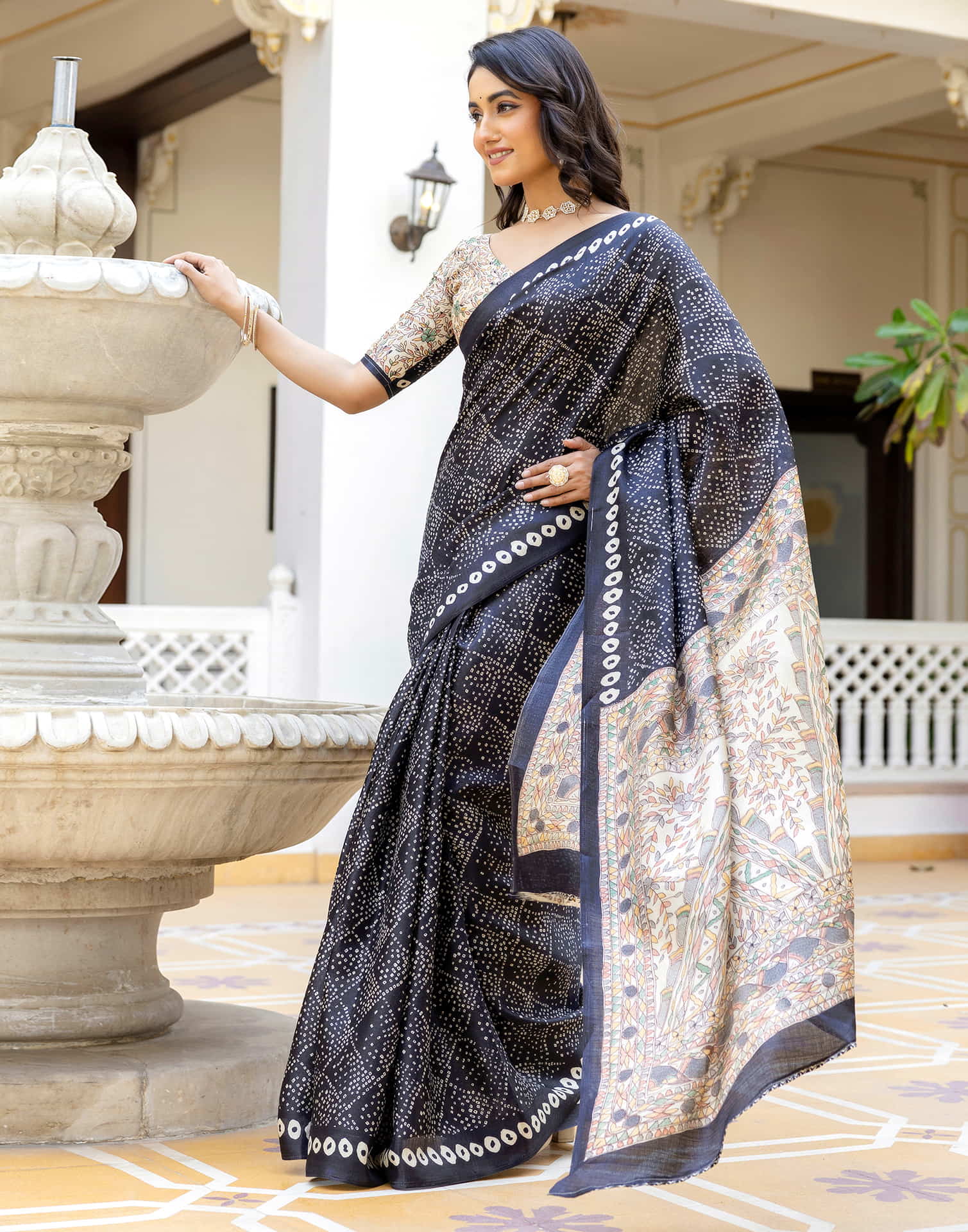 Black Cotton Blend Bandhani Printed Saree