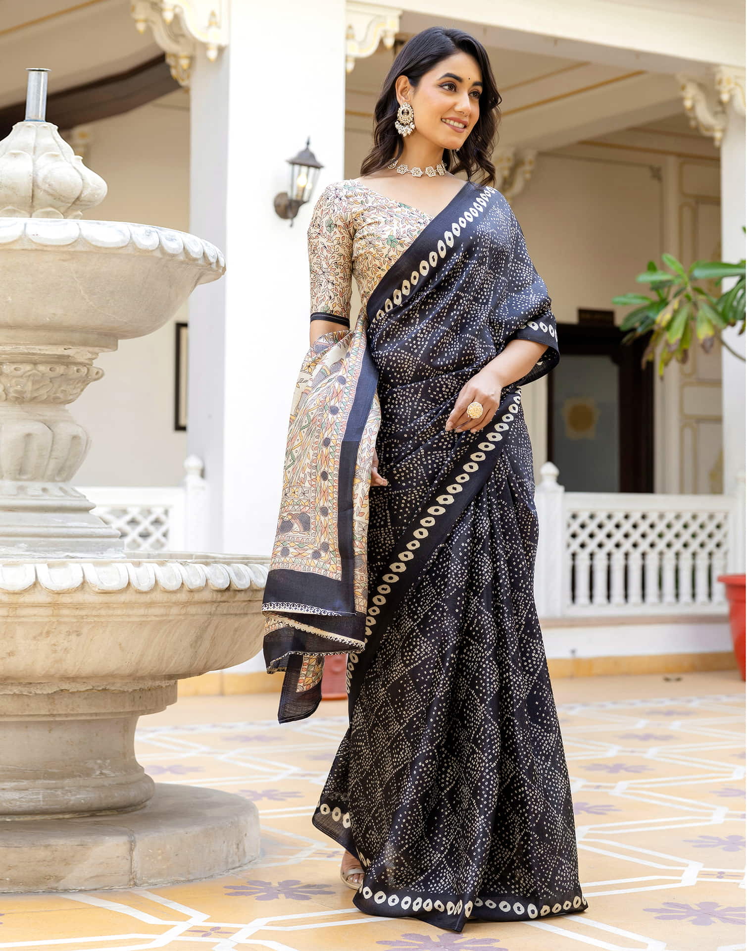Black Cotton Blend Bandhani Printed Saree