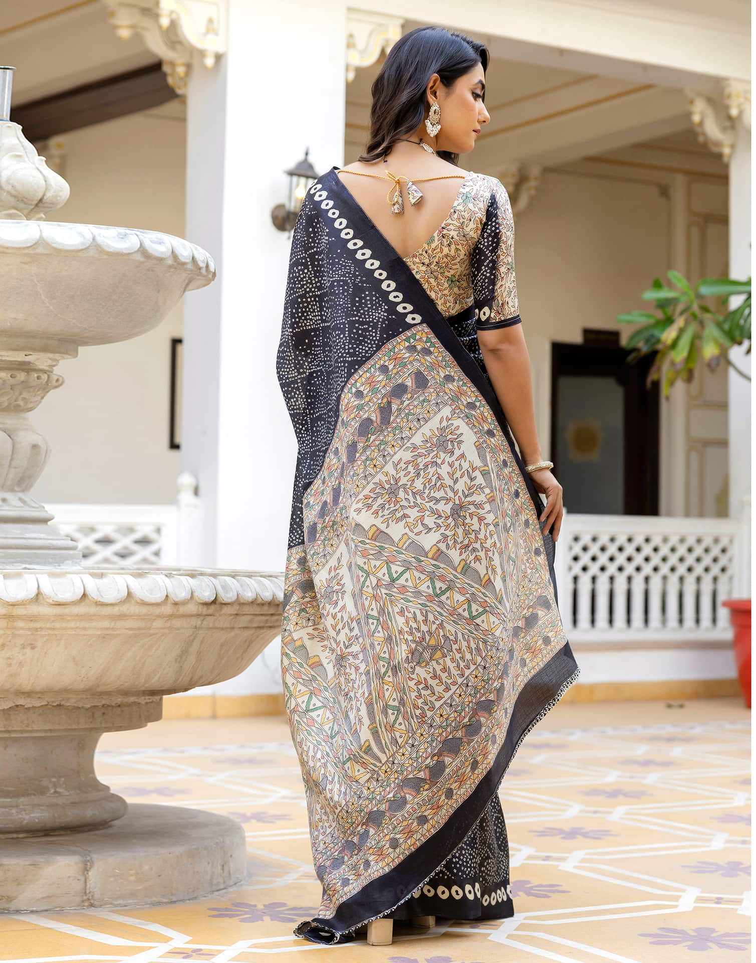 Black Cotton Blend Bandhani Printed Saree