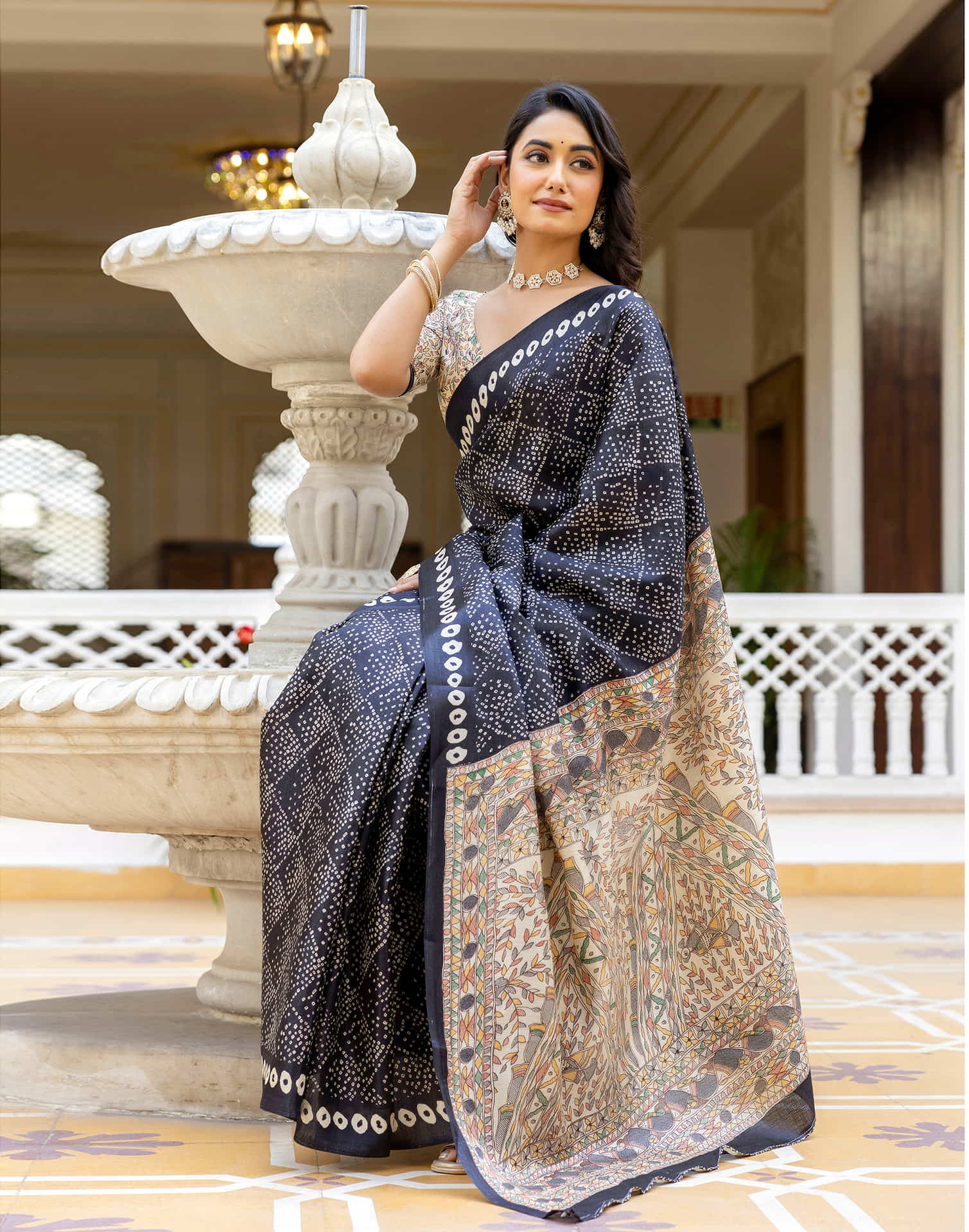Black Cotton Blend Bandhani Printed Saree