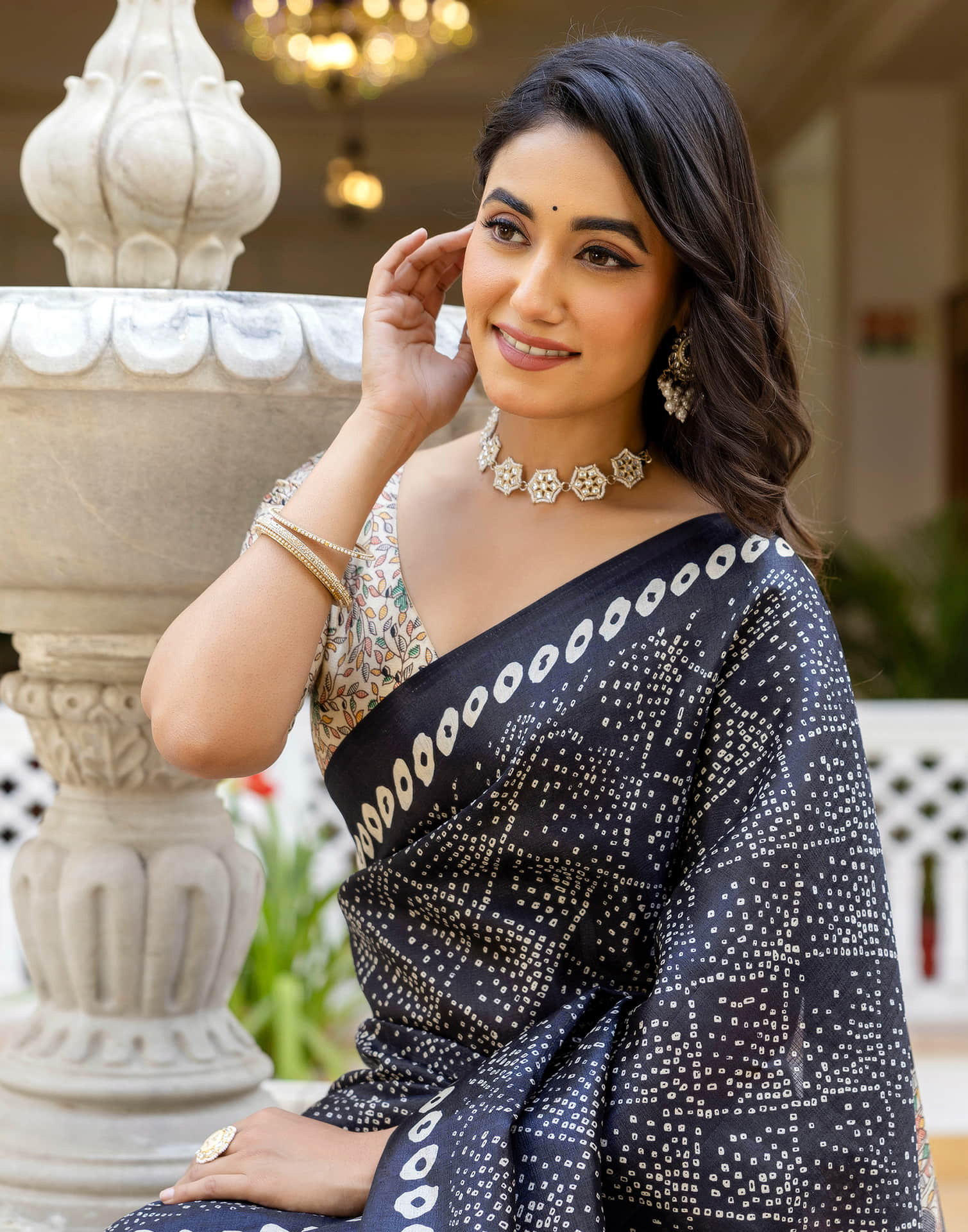 Black Cotton Blend Bandhani Printed Saree