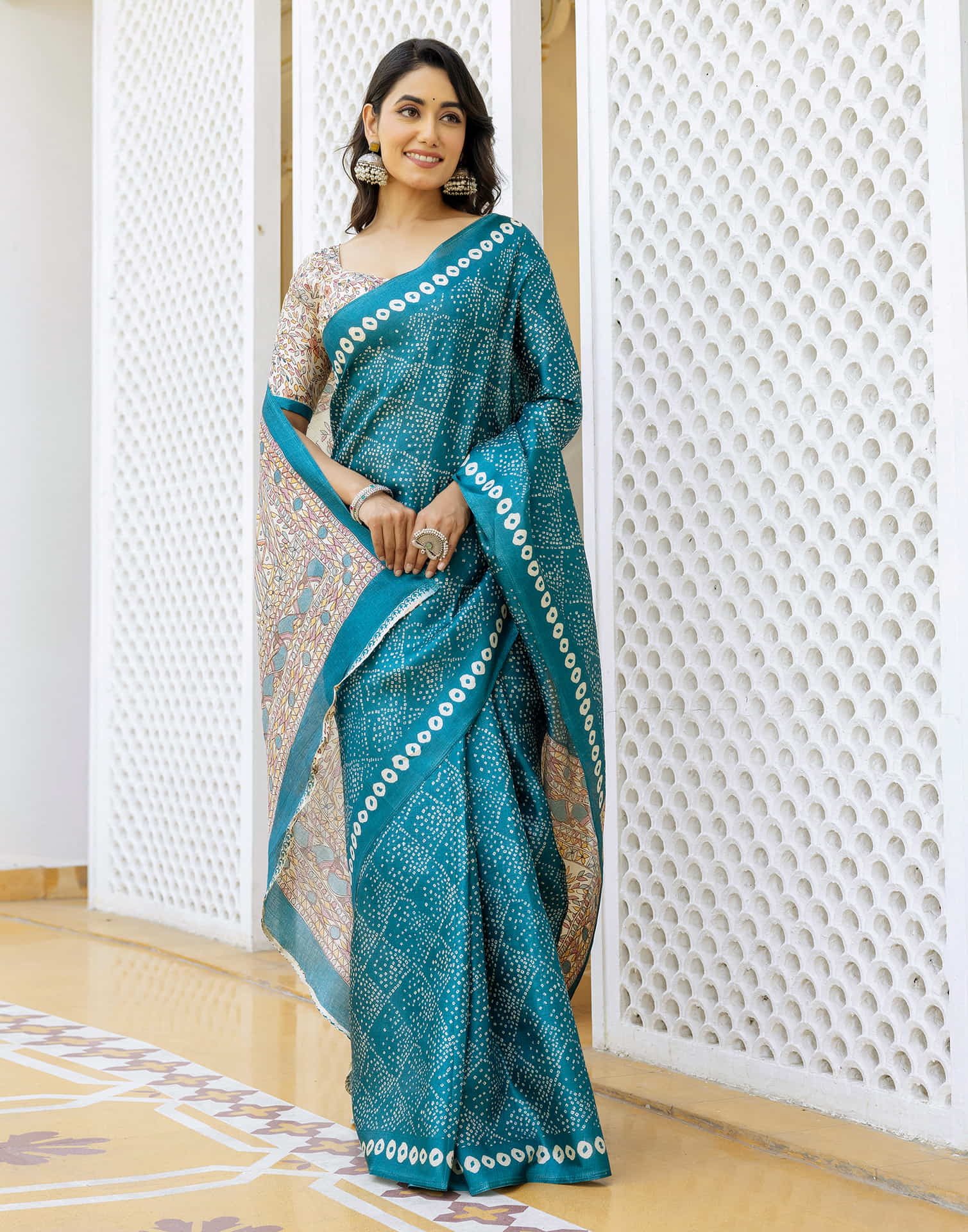 Teal Blue Cotton Blend Bandhani Printed Saree