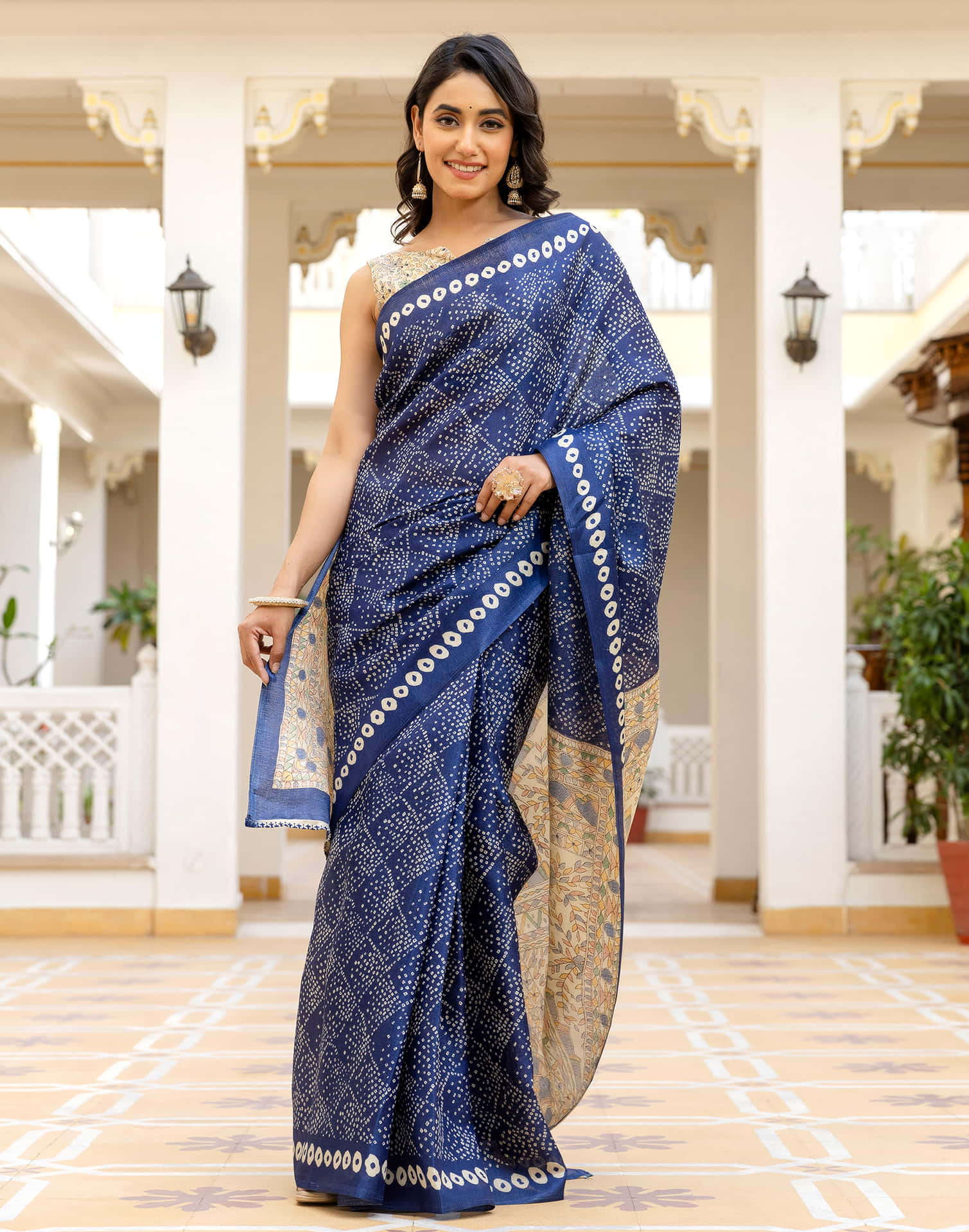 Dark Blue Cotton Blend Bandhani Printed Saree