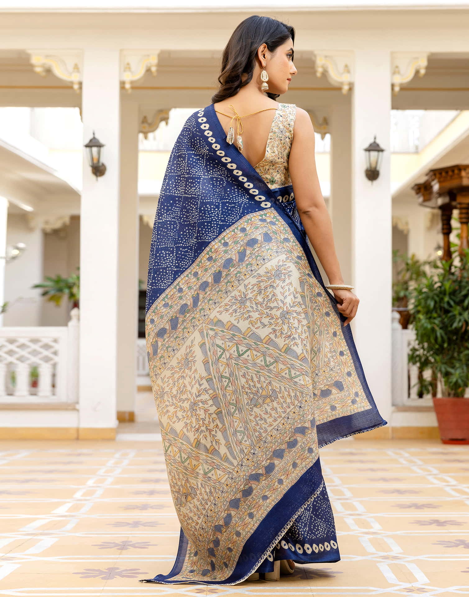 Dark Blue Cotton Blend Bandhani Printed Saree