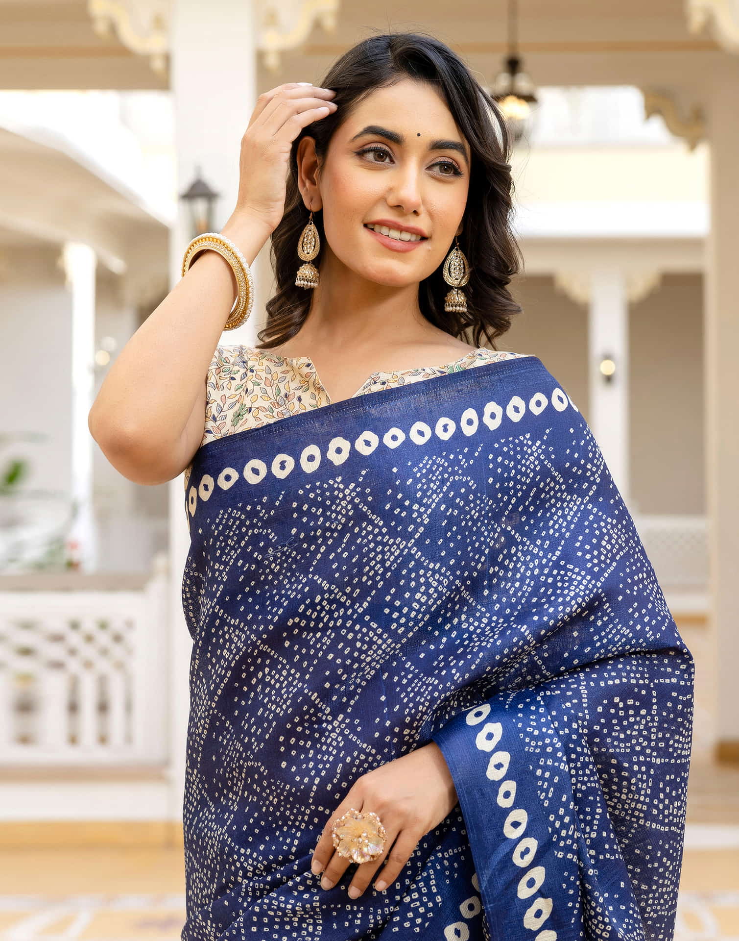 Dark Blue Cotton Blend Bandhani Printed Saree