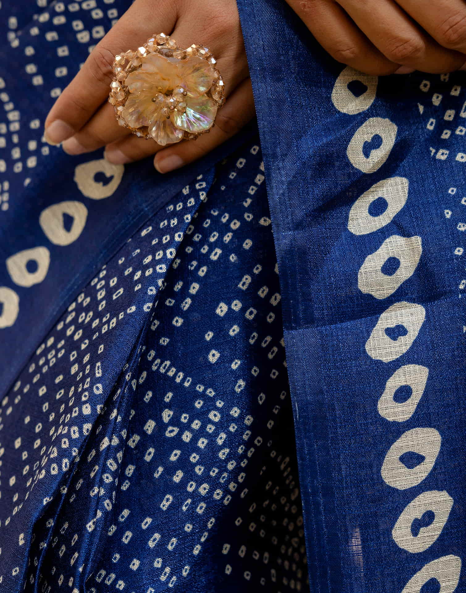 Dark Blue Cotton Blend Bandhani Printed Saree