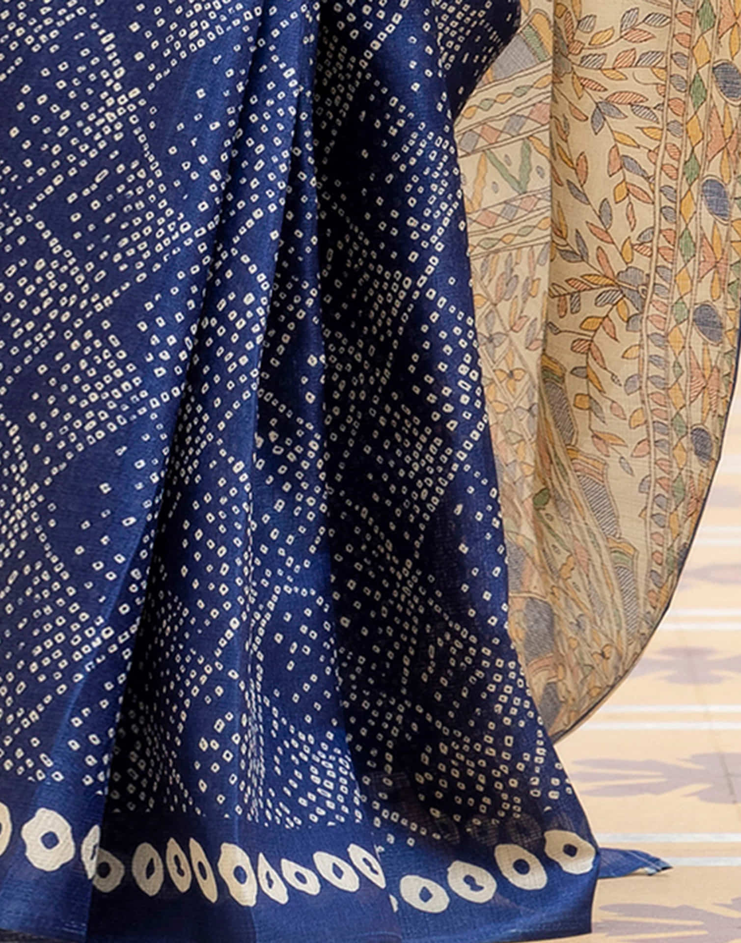 Dark Blue Cotton Blend Bandhani Printed Saree