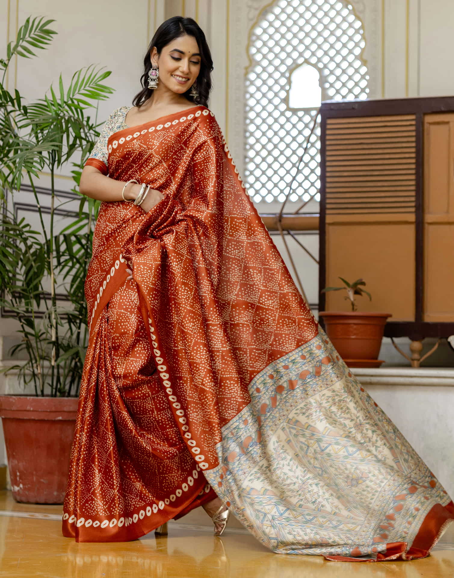Dark Orange Cotton Blend Bandhani Printed Saree