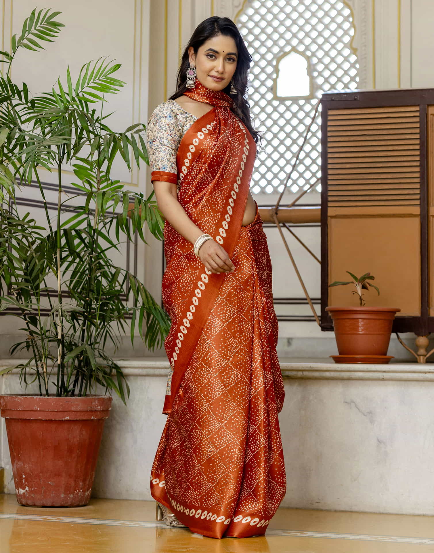 Dark Orange Cotton Blend Bandhani Printed Saree