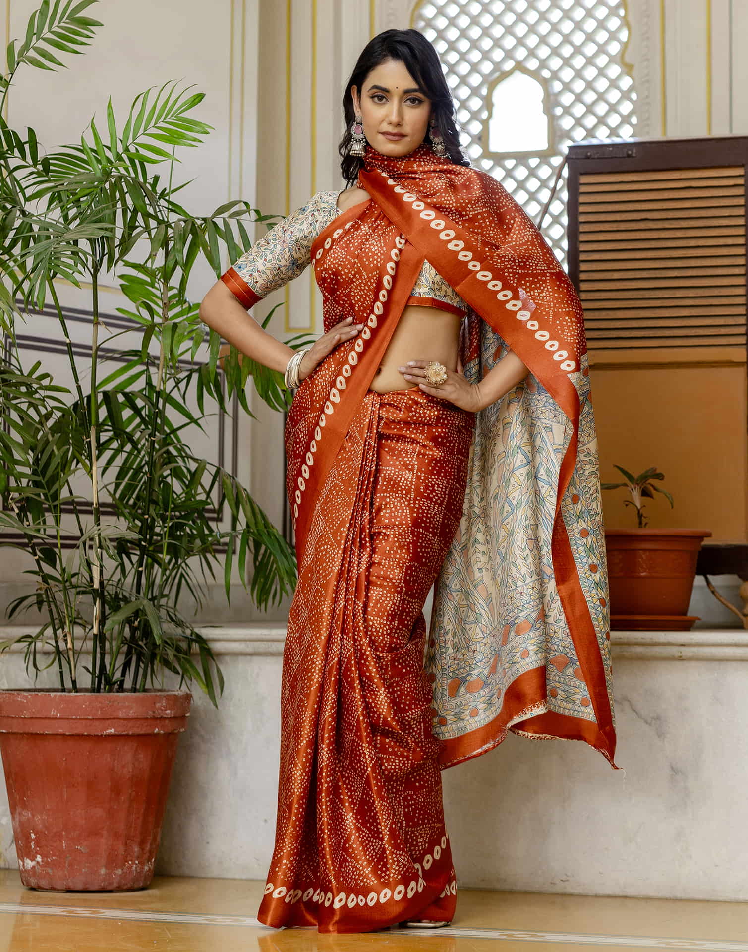 Dark Orange Cotton Blend Bandhani Printed Saree