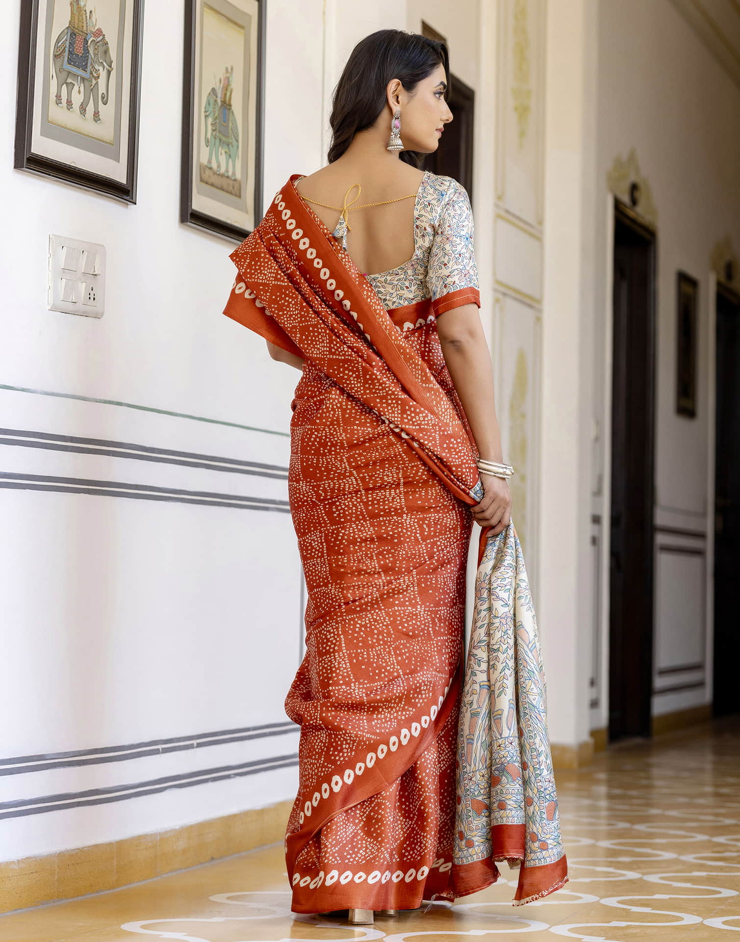 Dark Orange Cotton Blend Bandhani Printed Saree