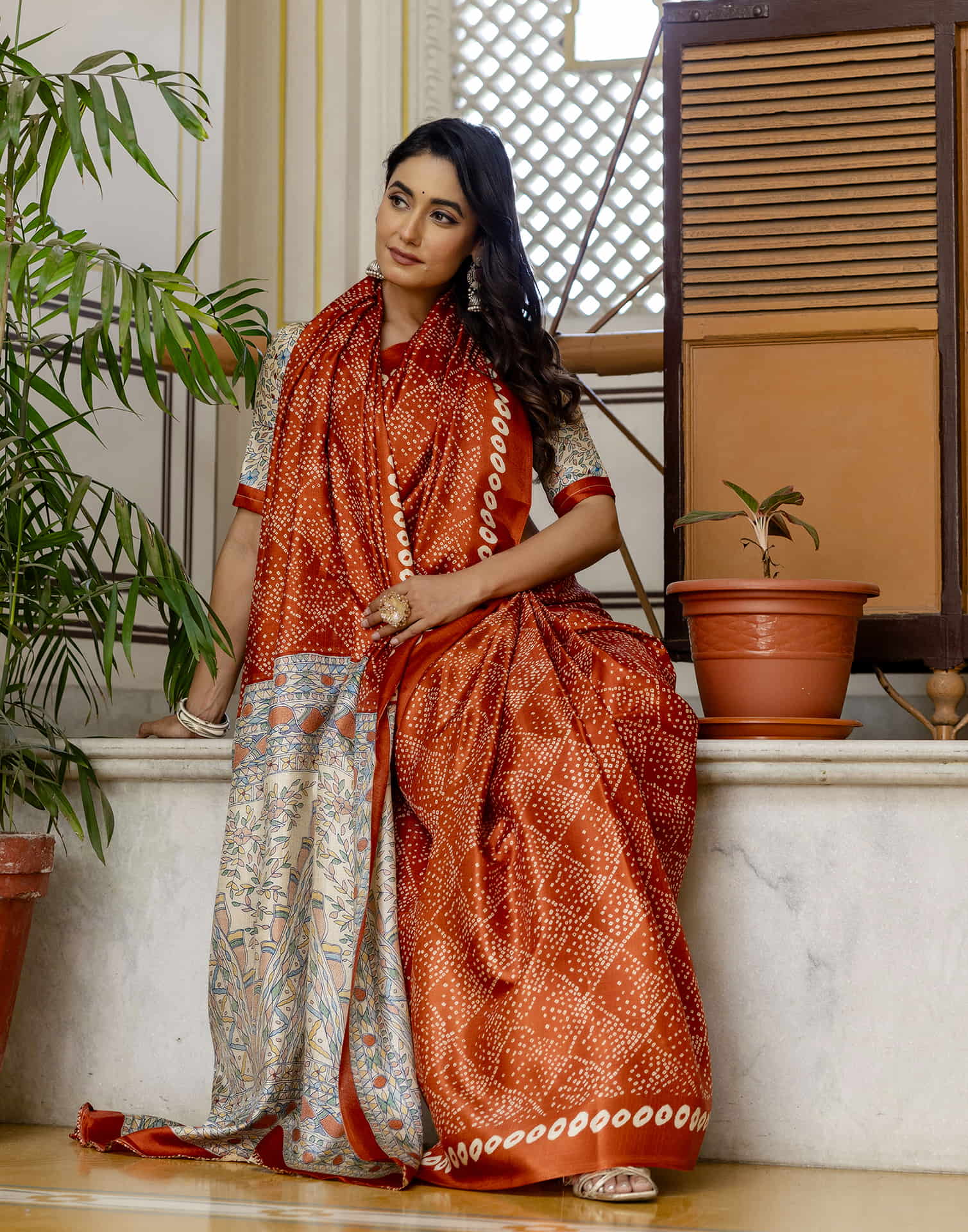 Dark Orange Cotton Blend Bandhani Printed Saree