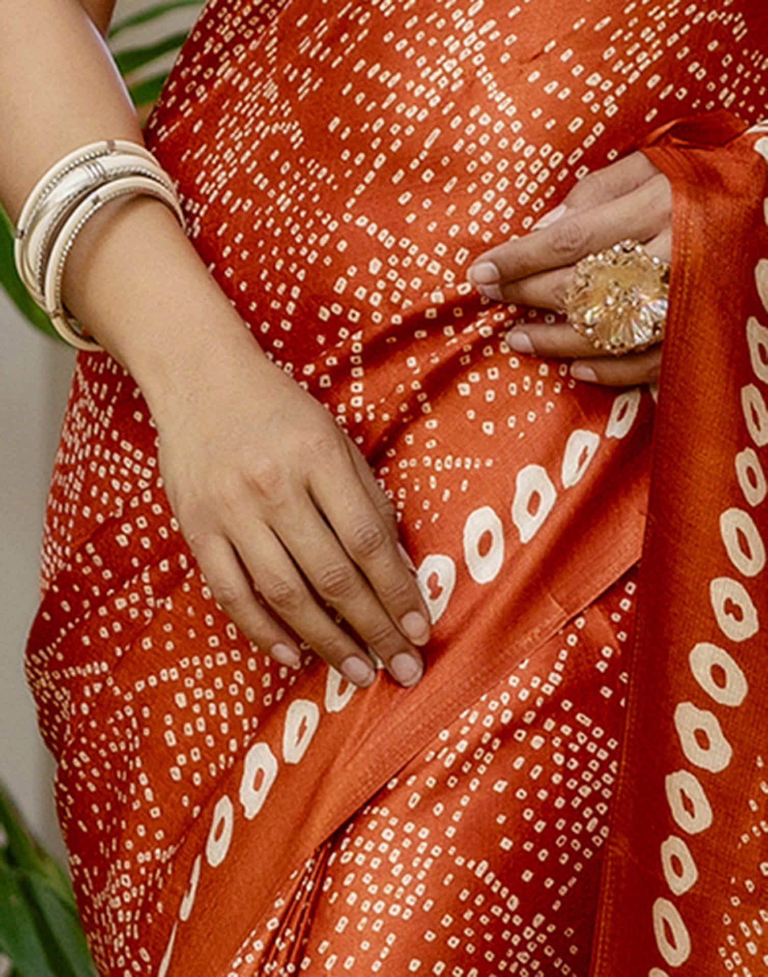 Dark Orange Cotton Blend Bandhani Printed Saree