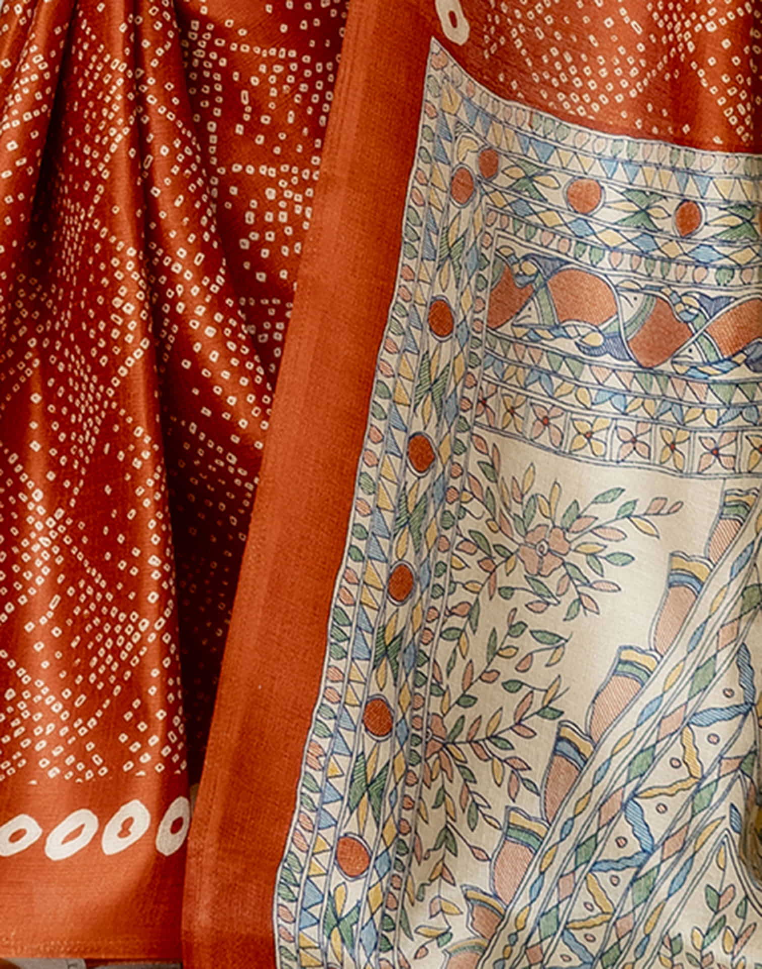 Dark Orange Cotton Blend Bandhani Printed Saree