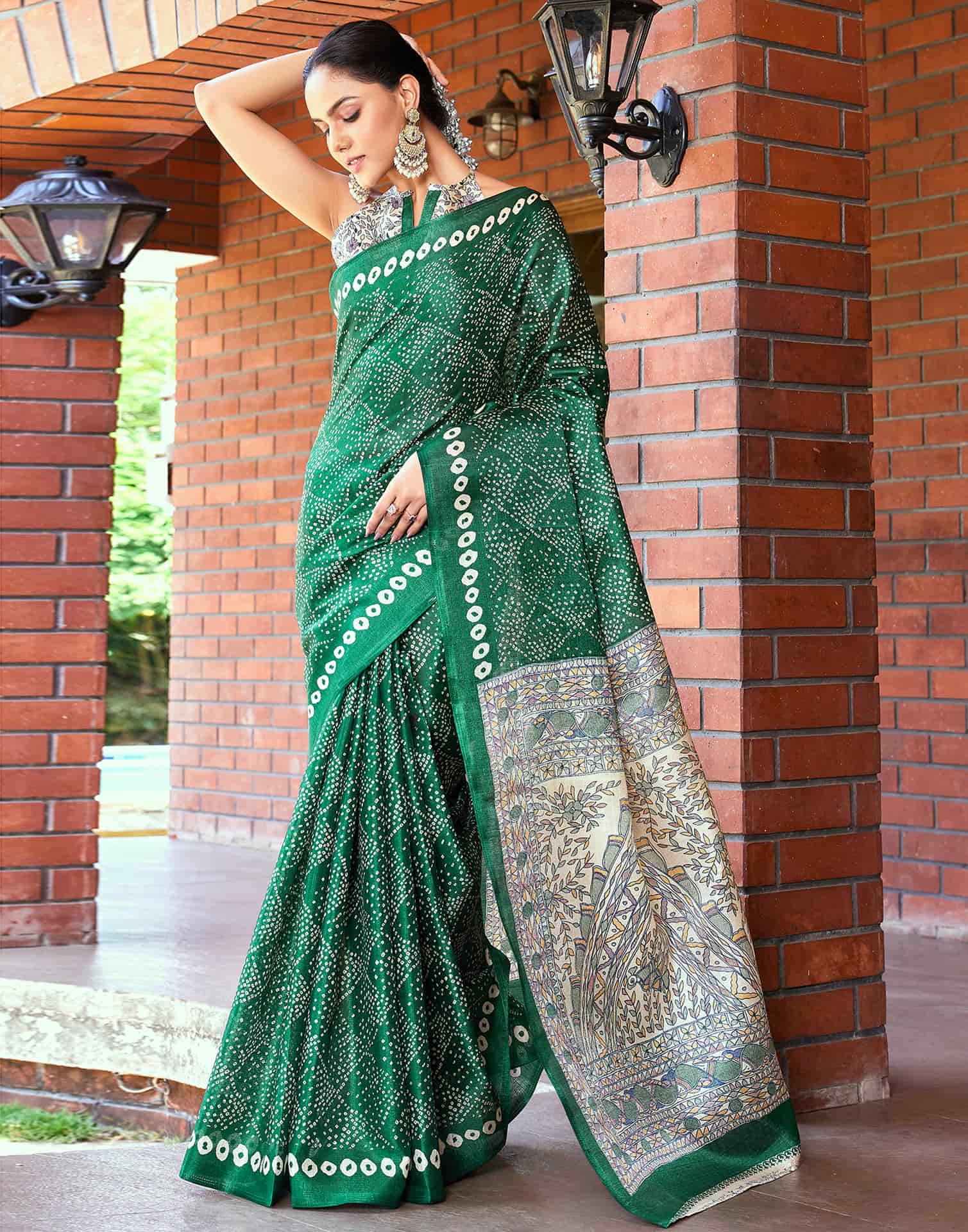Dark Green Cotton Blend Bandhani Printed Saree