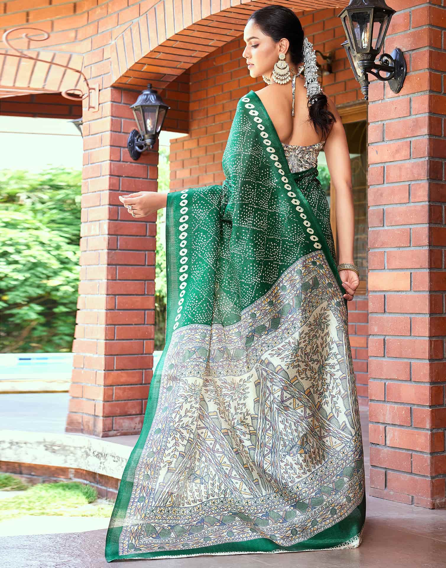 Dark Green Cotton Blend Bandhani Printed Saree