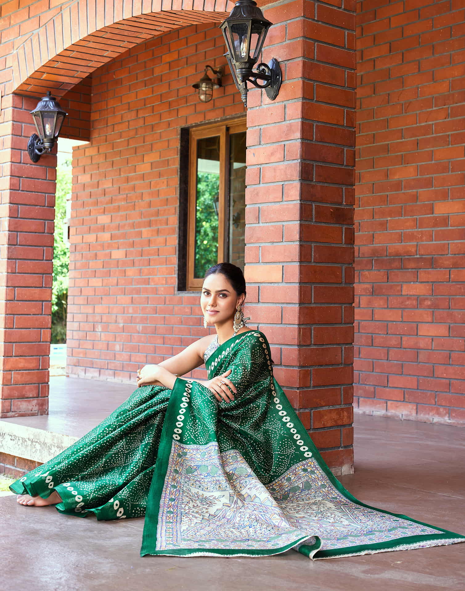 Dark Green Cotton Blend Bandhani Printed Saree