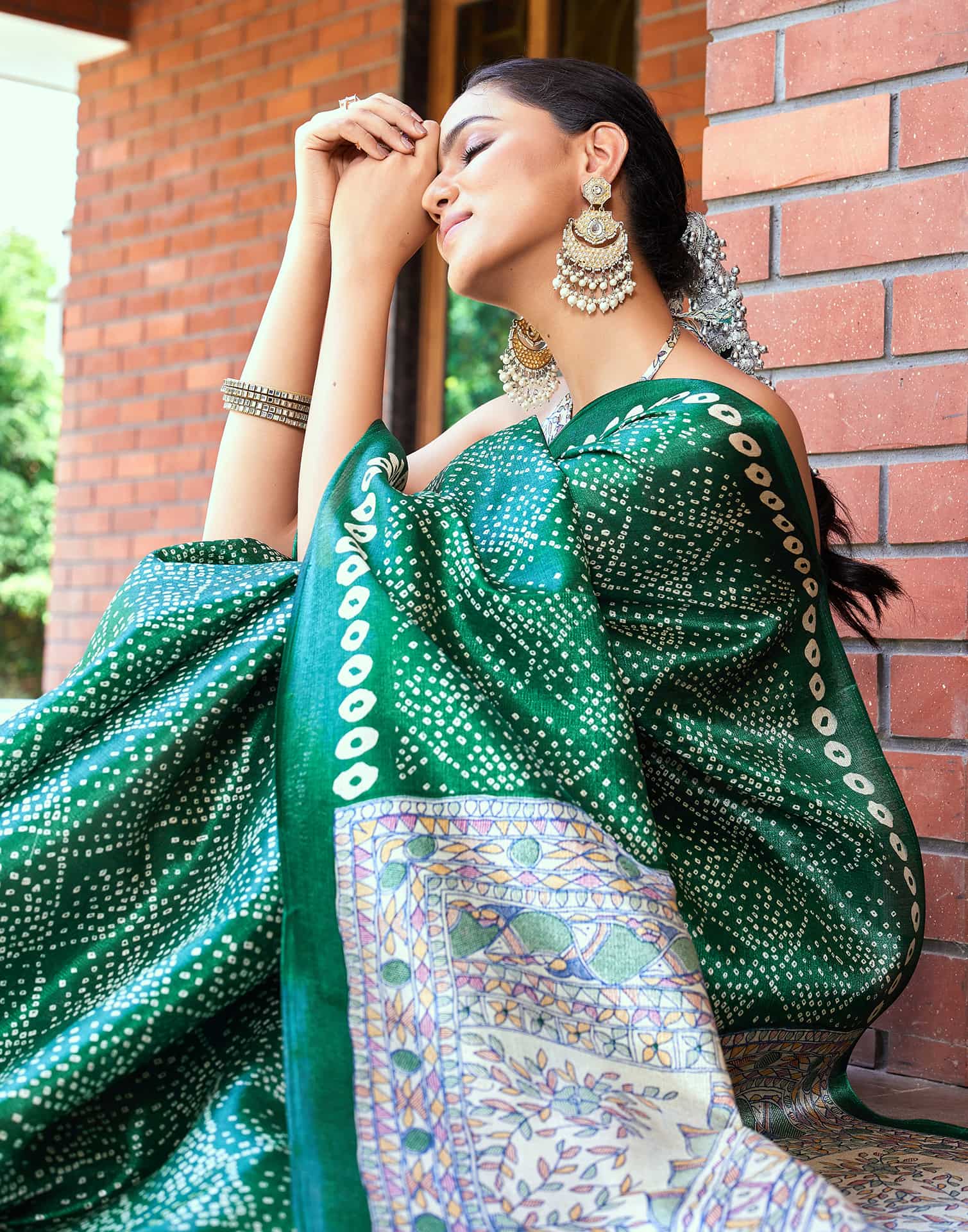 Dark Green Cotton Blend Bandhani Printed Saree
