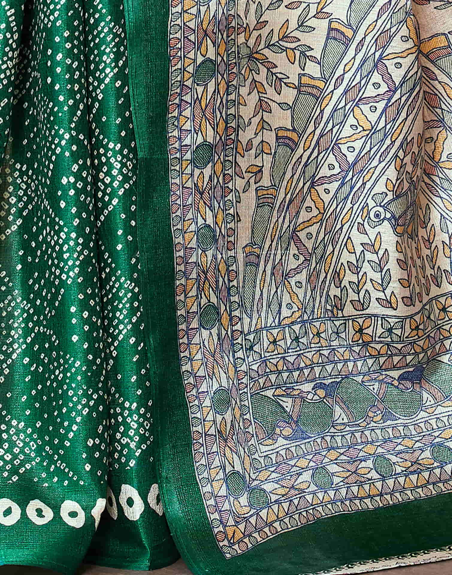 Dark Green Cotton Blend Bandhani Printed Saree