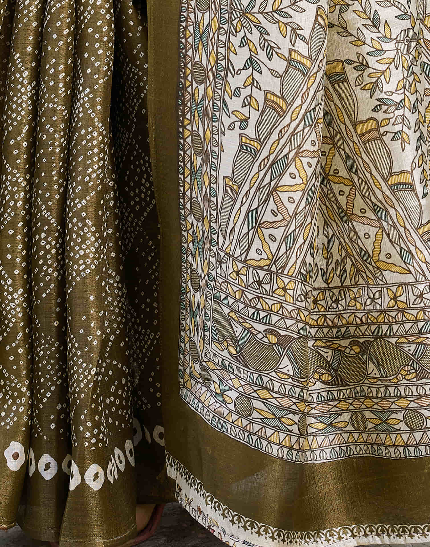 khaki Cotton Blend Bandhani Printed Saree